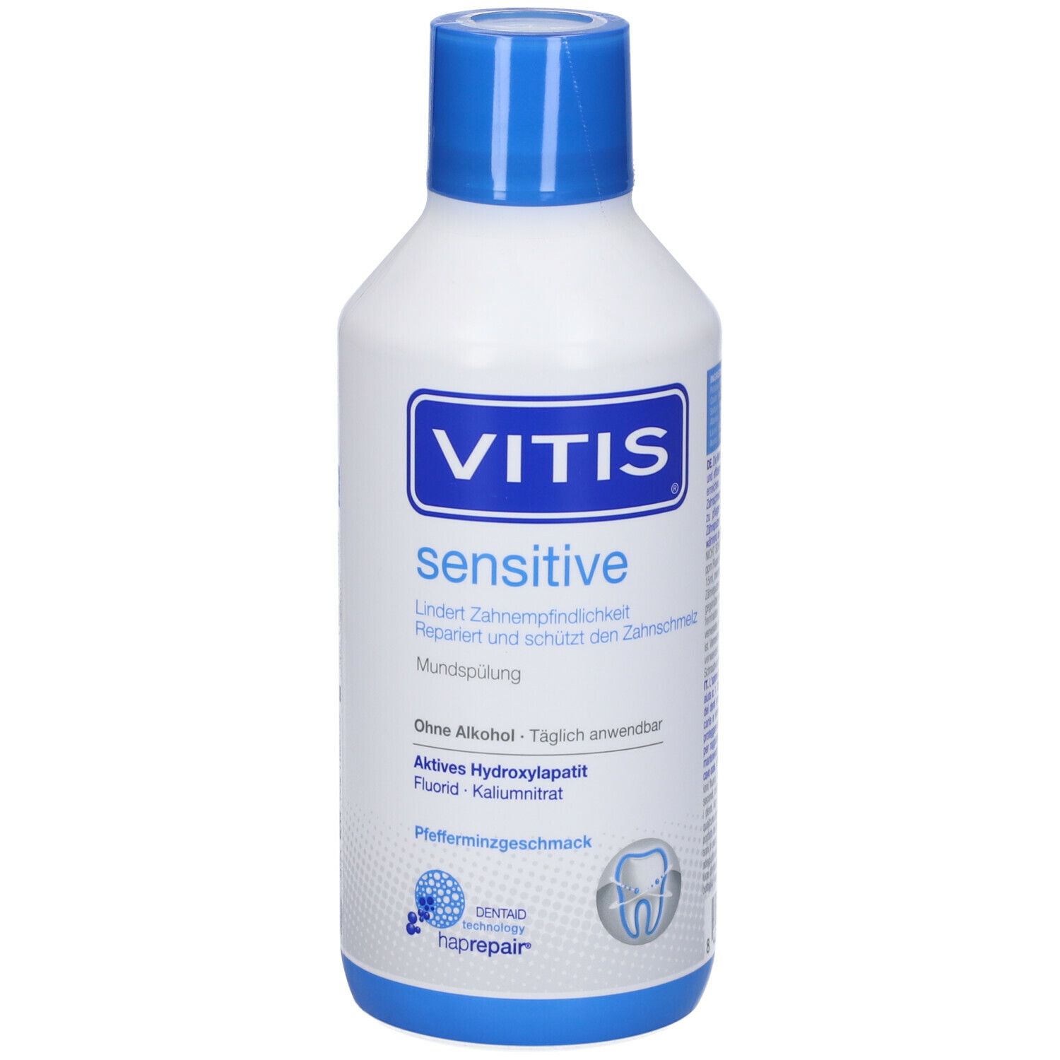 Flacone bianco con tappo blu. Scritta: VITIS sensitive. Contiene informazioni e un simbolo dentale.