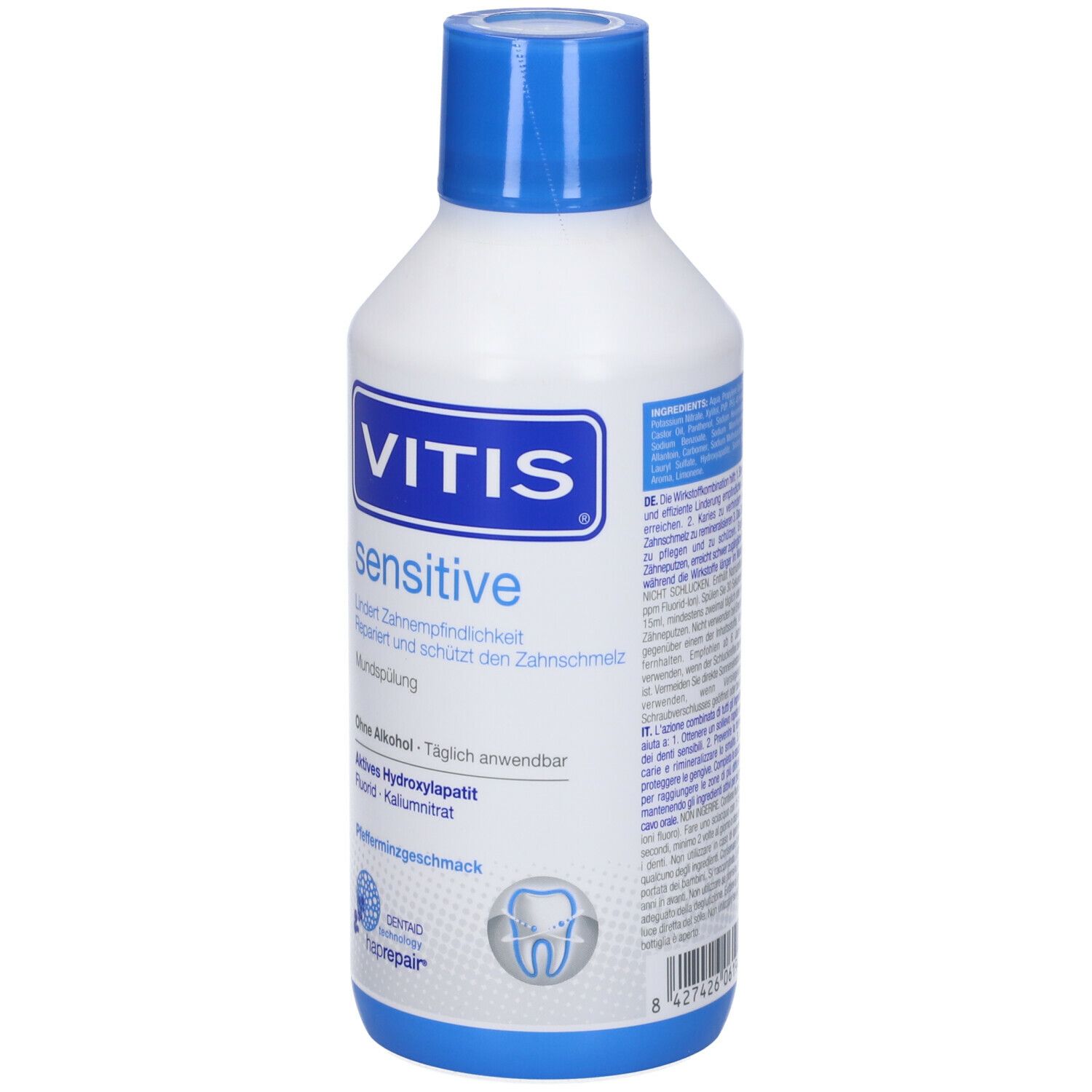 Flacone bianco con tappo blu. Scritta: VITIS sensitive. Contiene informazioni e un simbolo dentale.