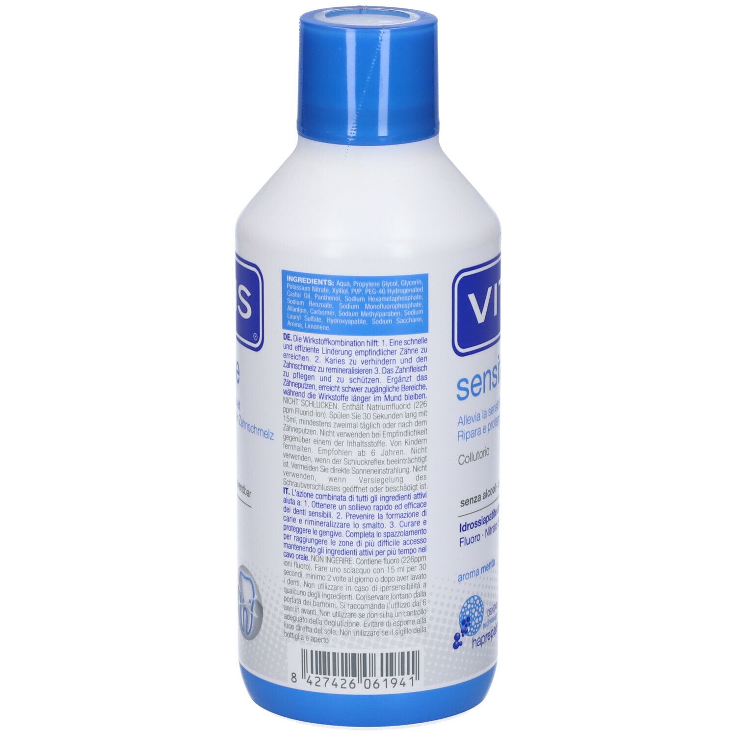 Retro di un flacone bianco e blu. Scritta: VITIS sensitive. Contiene informazioni e un simbolo dentale.