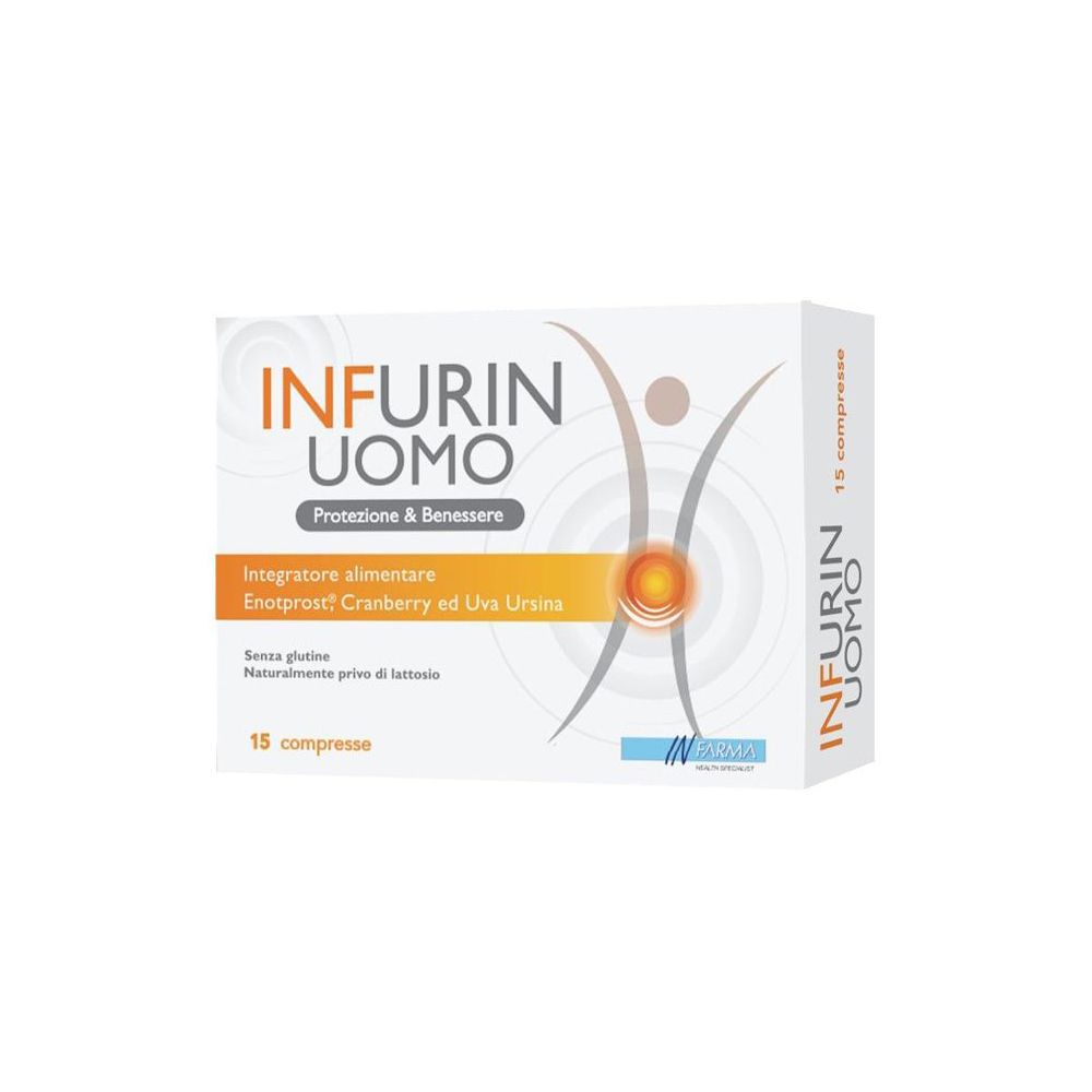 Scatola bianca con logo "INFURIN UOMO". Contiene 15 compresse. Testo: "Protezione & Benessere".