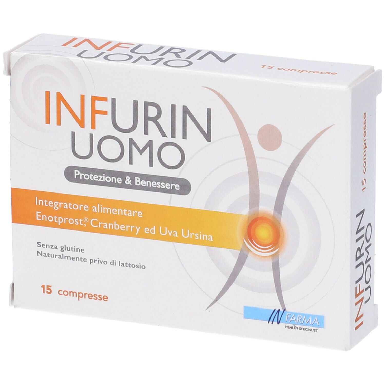 Scatola bianca con logo "INFURIN UOMO". Contiene 15 compresse. Testo: "Protezione & Benessere".