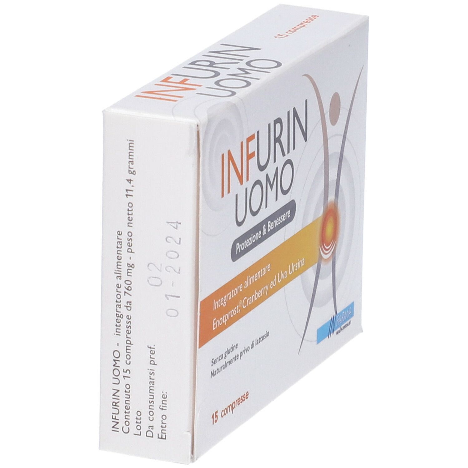 Scatola con logo "INFURIN UOMO". Contiene 15 compresse. Testo: "Protezione & Benessere". Vista obliqua.