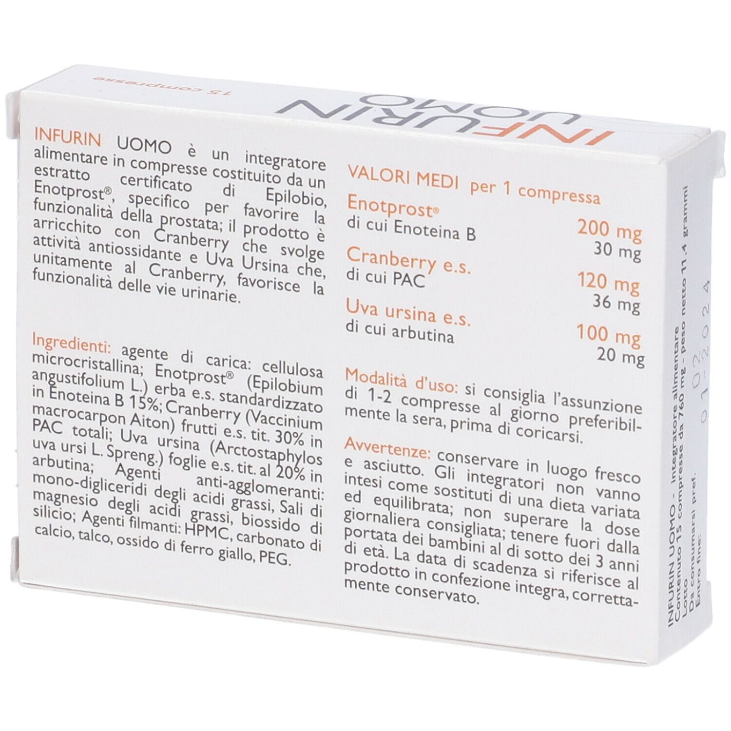 Scatola con testo e ingredienti. Contiene 15 compresse. Testo: "INFURIN UOMO". Retro.