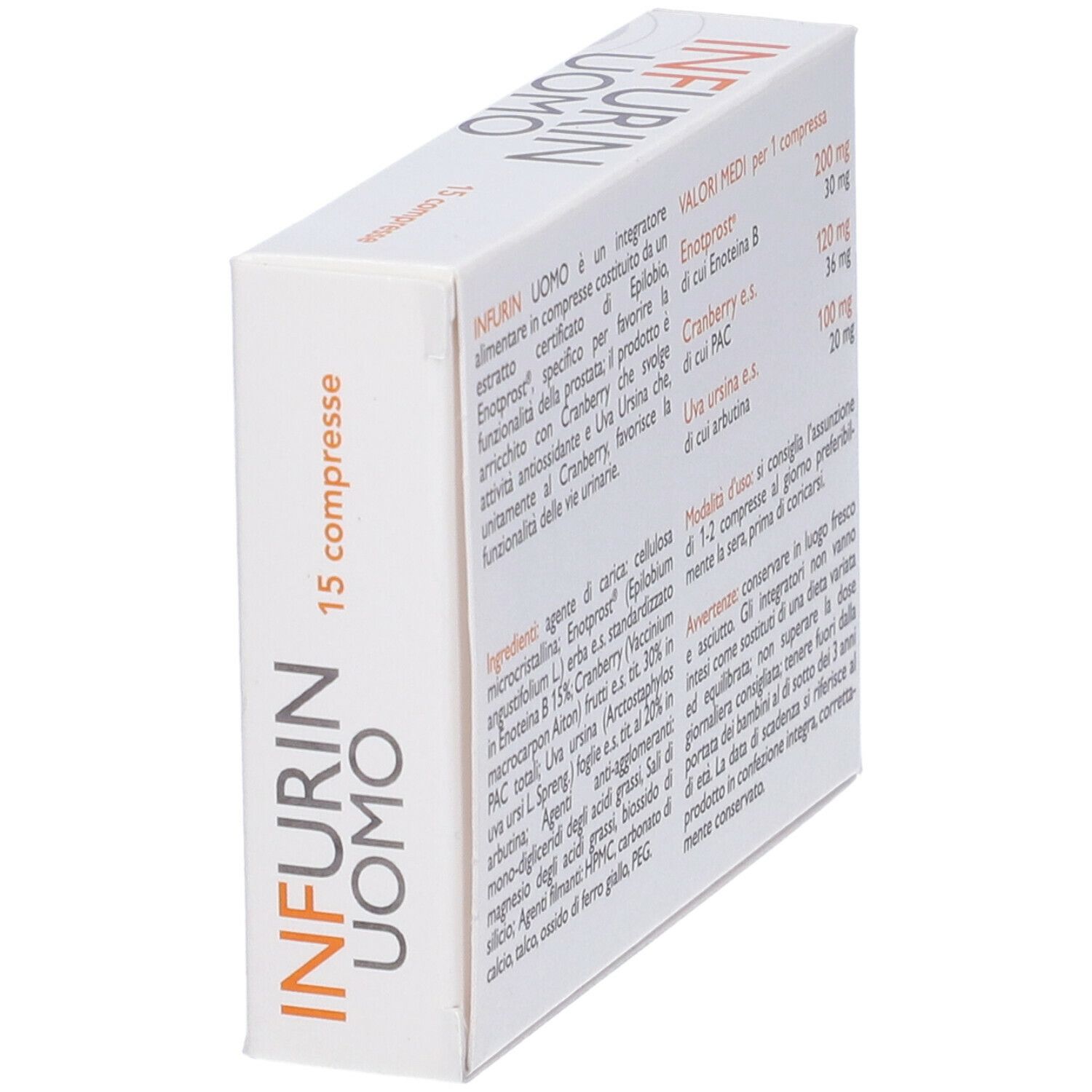 Scatola con logo "INFURIN UOMO". Contiene 15 compresse. Testo: "Protezione & Benessere". Vista obliqua.