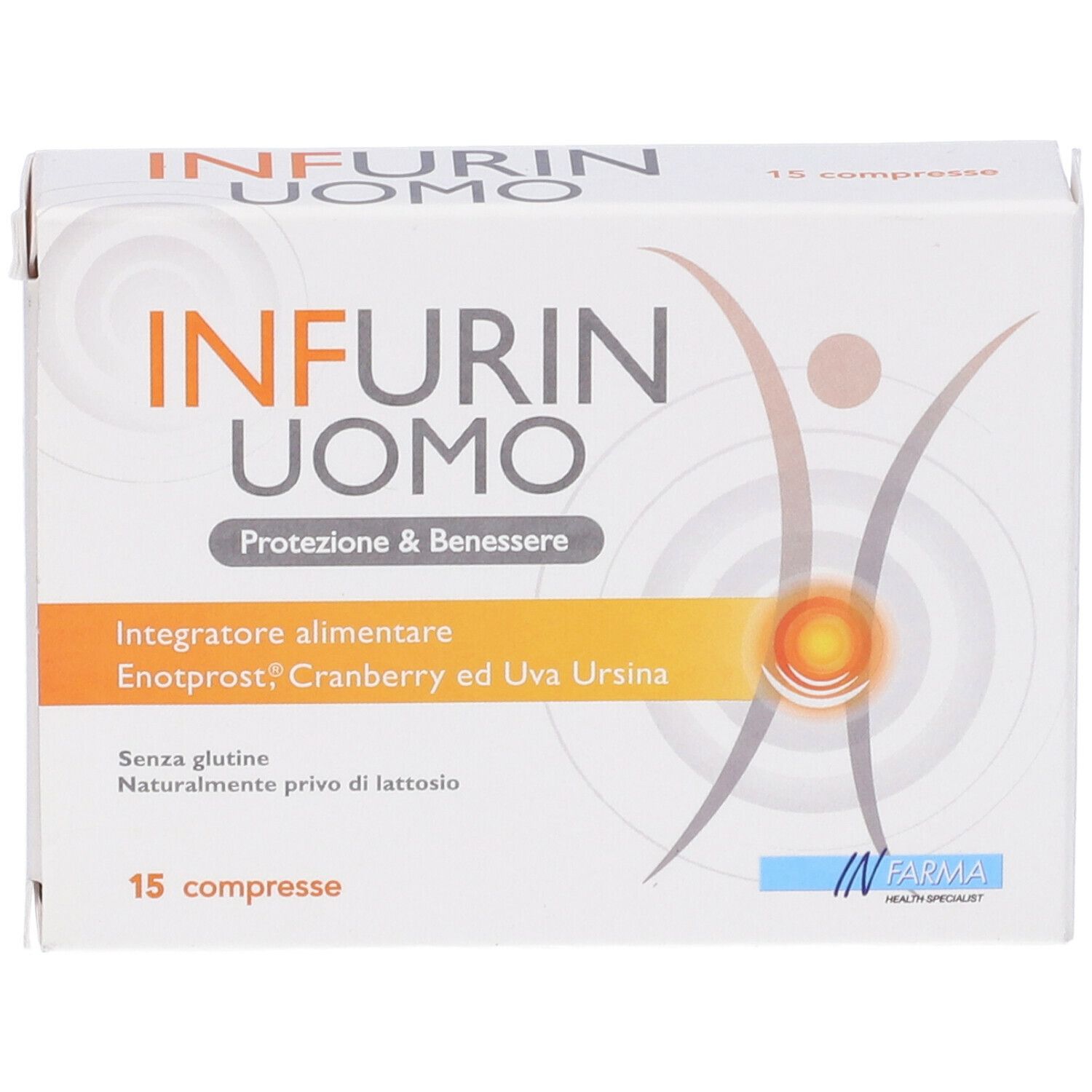 Scatola bianca con logo "INFURIN UOMO". Contiene 15 compresse. Testo: "Protezione & Benessere".