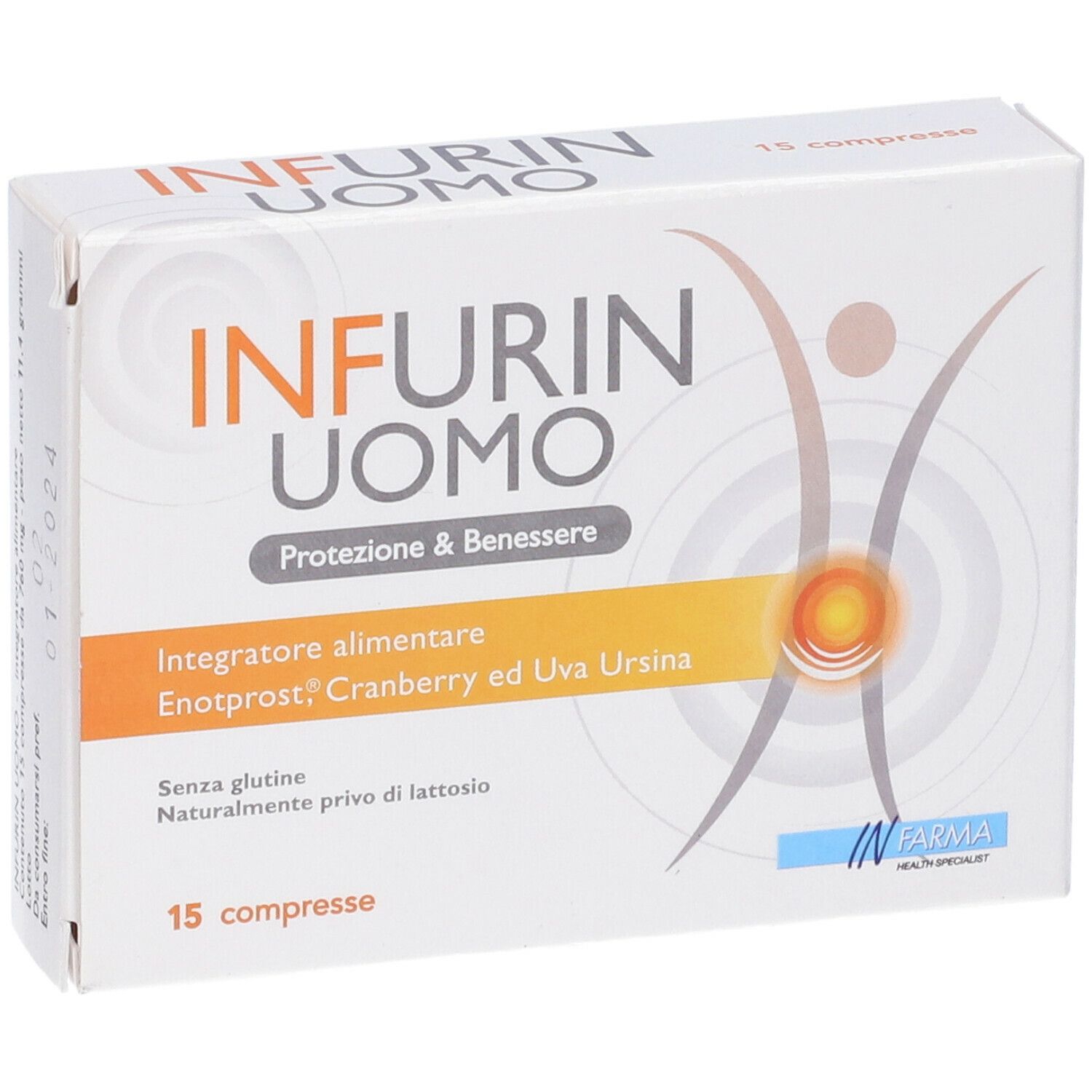 Scatola bianca con logo "INFURIN UOMO". Contiene 15 compresse. Testo: "Protezione & Benessere".