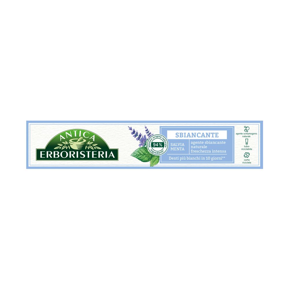 Confezione di dentifricio con logo e nome del prodotto. Colori blu e bianco. Contiene salvia, menta e il 94% di ingredienti naturali.