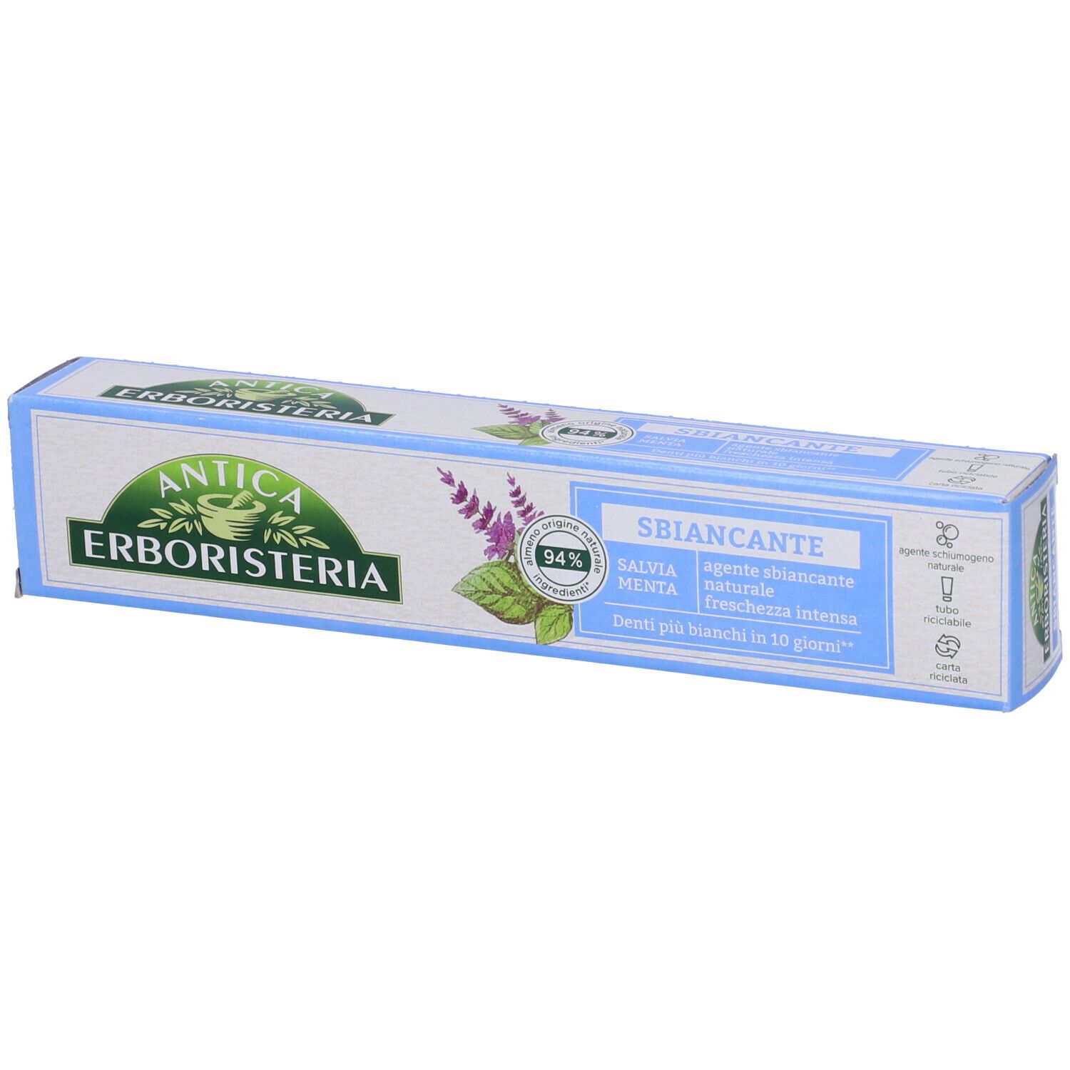 Confezione di dentifricio in prospettiva. Colori blu e bianco. Logo e nome del prodotto ben visibili. Contiene salvia e menta.