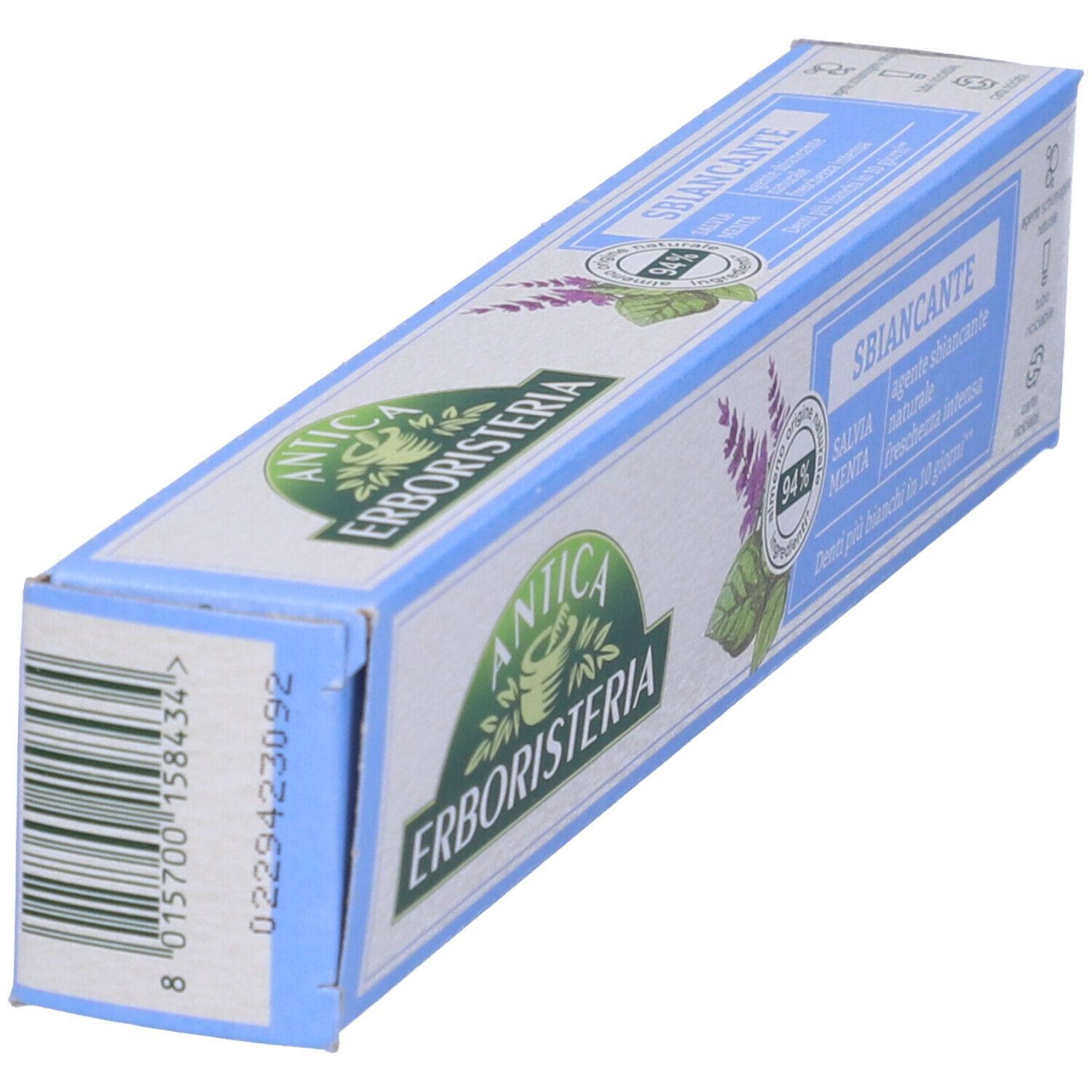 Confezione di dentifricio in prospettiva. Colori blu e bianco. Logo e nome del prodotto ben visibili. Contiene salvia e menta.