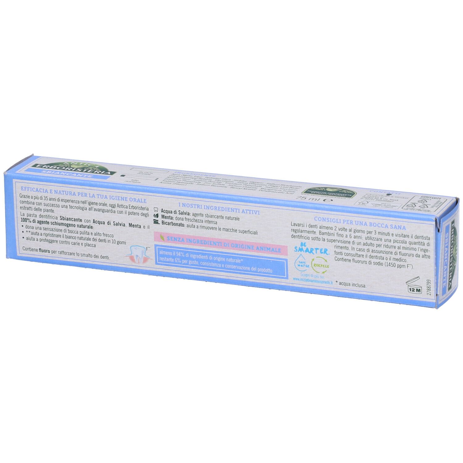 Confezione di dentifricio, retro. Colori blu e bianco. Testo e informazioni sugli ingredienti e l'uso.