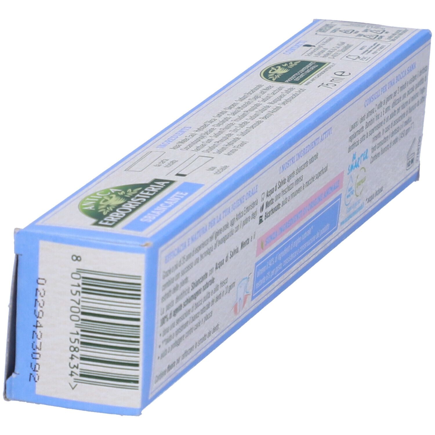 Confezione di dentifricio, retro in prospettiva. Colori blu e bianco. Testo e informazioni sugli ingredienti e l'uso.