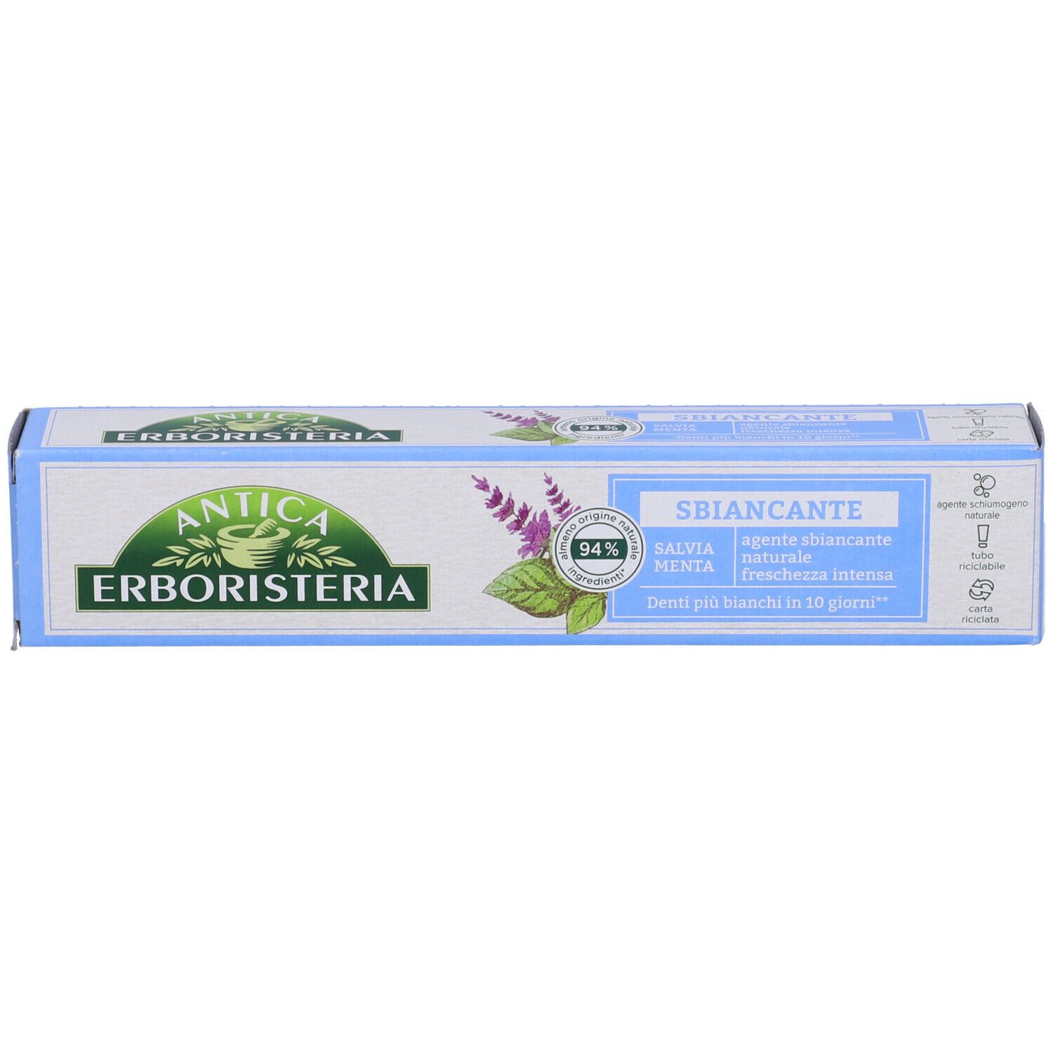 Confezione di dentifricio in prospettiva. Colori blu e bianco. Logo e nome del prodotto ben visibili. Contiene salvia e menta.