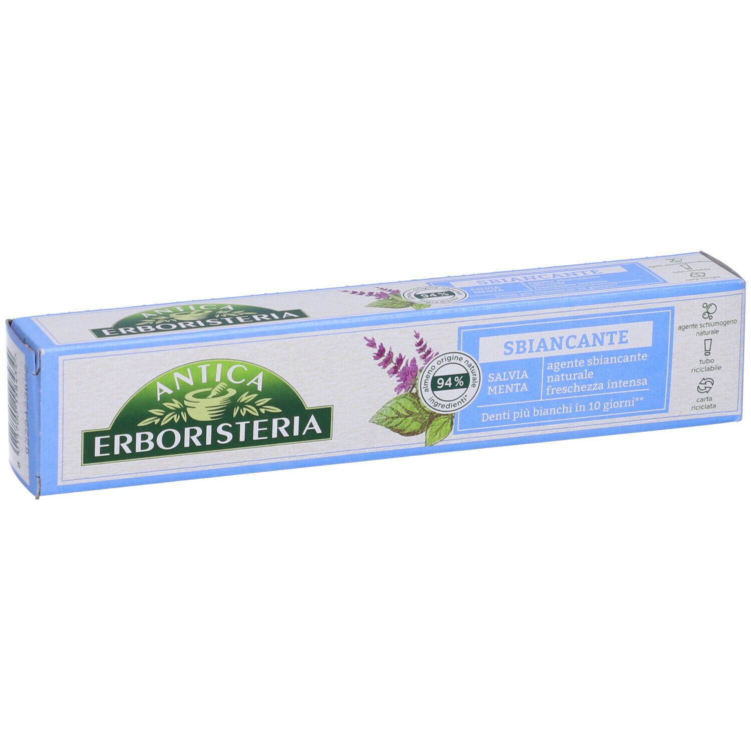 Confezione di dentifricio in prospettiva. Colori blu e bianco. Logo e nome del prodotto ben visibili. Contiene salvia e menta.