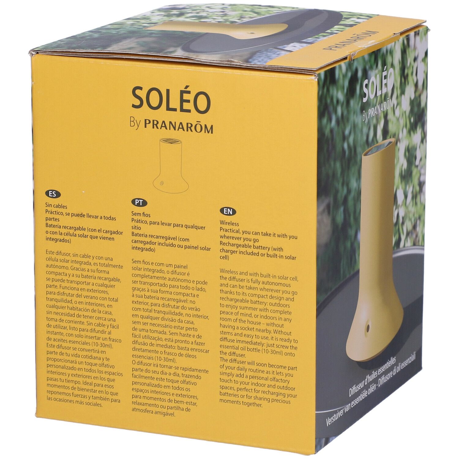 Confezione con diffusore giallo. Testo: SOLEO by PRANAROM. Descrizione in più lingue.