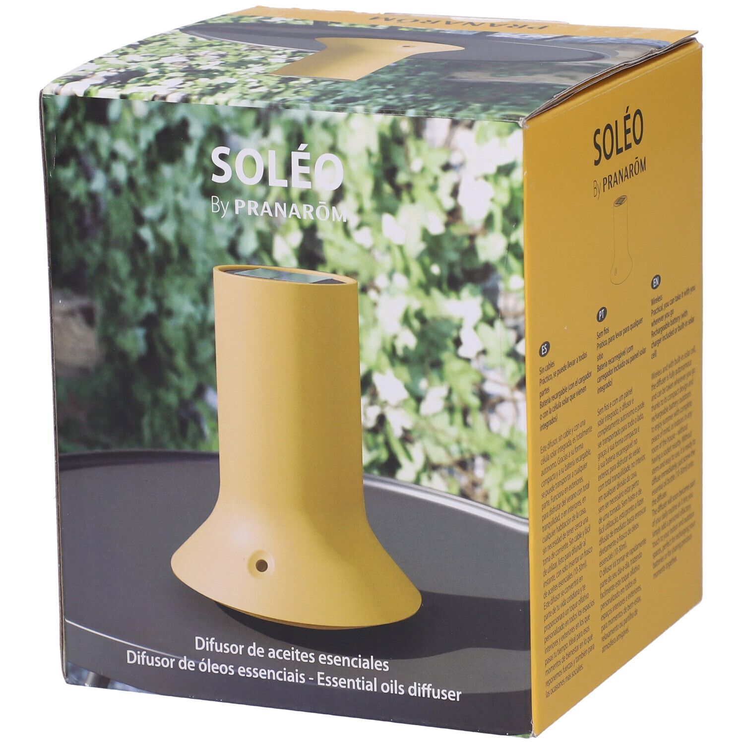 Diffusore giallo nella confezione. Scritta: SOLEO by PRANAROM. Testo: Diffusore di oli essenziali.