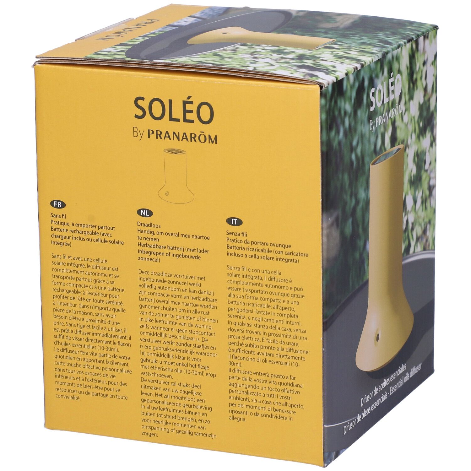 Confezione con diffusore giallo. Testo: SOLEO by PRANAROM. Descrizione in più lingue.