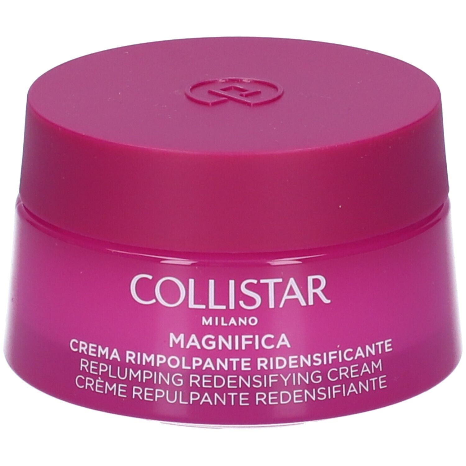 Vaso rotondo rosa con coperchio. Scritta: Collistar Milano, Magnifica, Crema Rimpolpante Ridensificante.