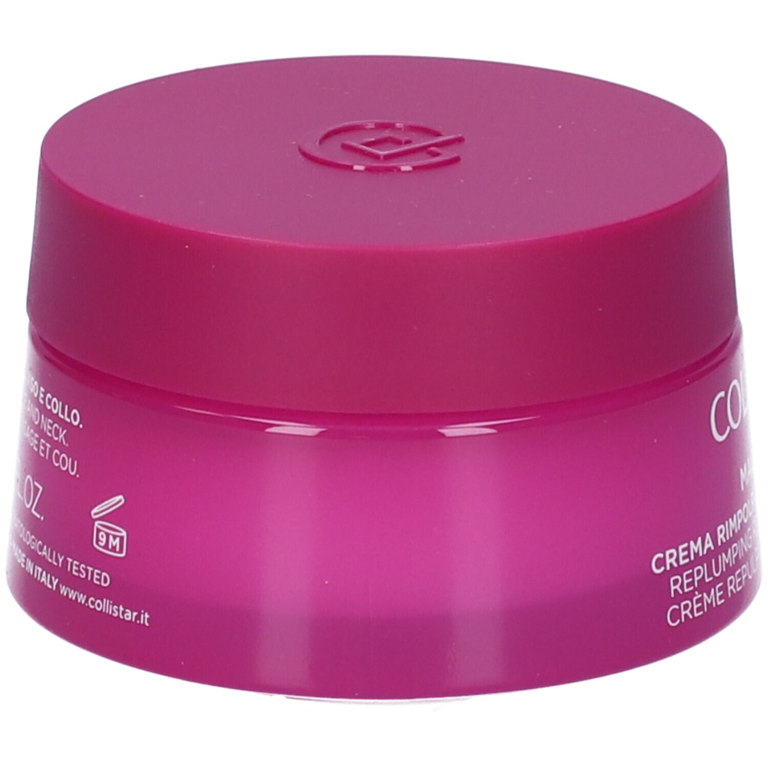 Vaso rosa con coperchio. Scritta: Crema Rimpolpante Ridensificante. Sul lato: 9M, testato dermatologicamente.