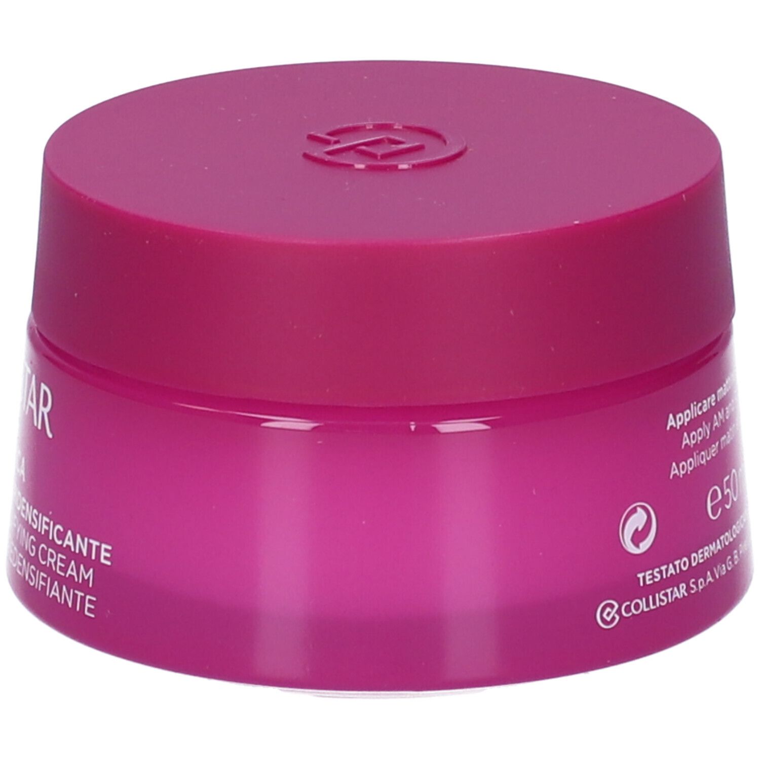 Vaso rosa con coperchio. Scritta: Crema Rimpolpante Ridensificante. Sul lato: 50ml, testato dermatologicamente.