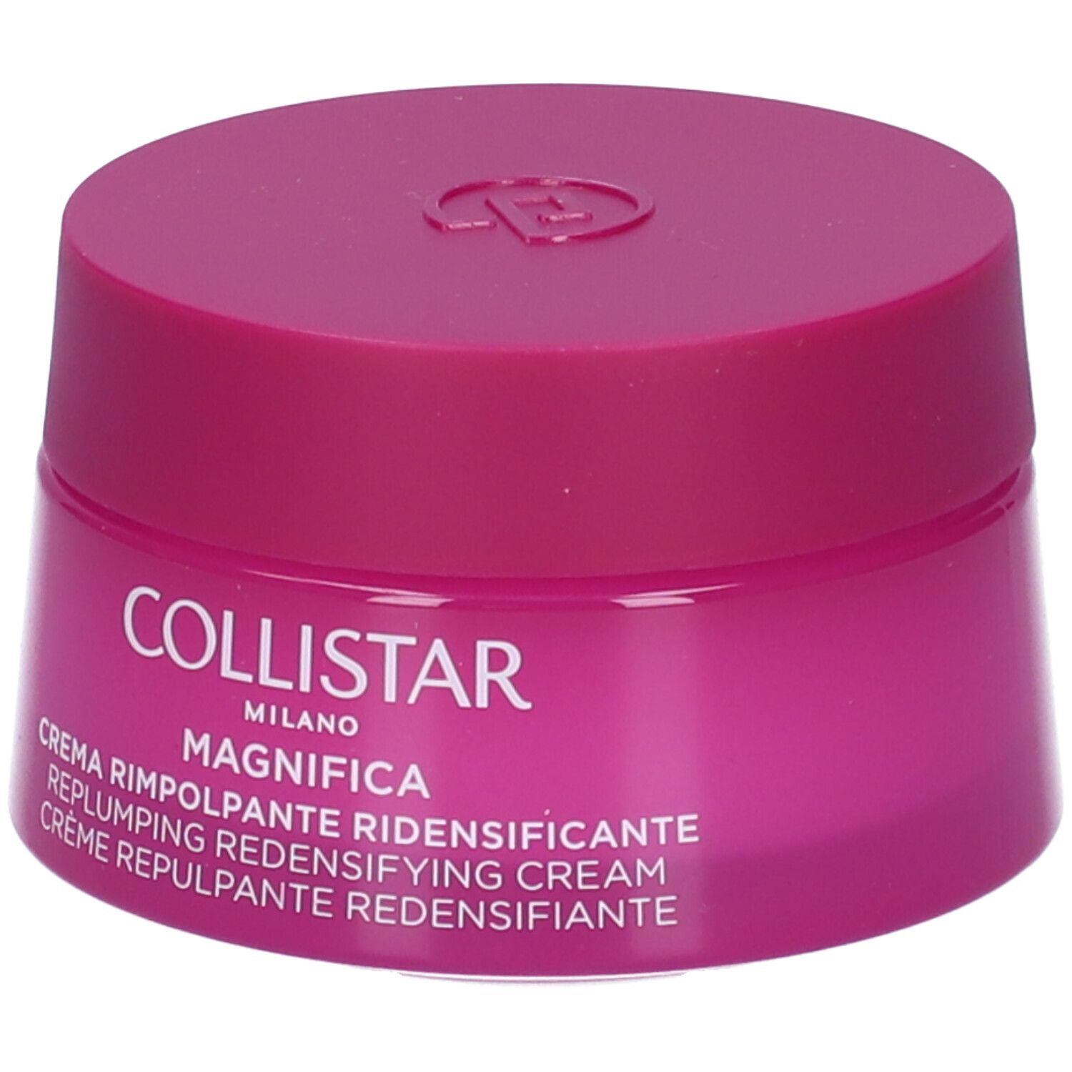 Vaso rotondo rosa con coperchio. Scritta: Collistar Milano, Magnifica, Crema Rimpolpante Ridensificante.