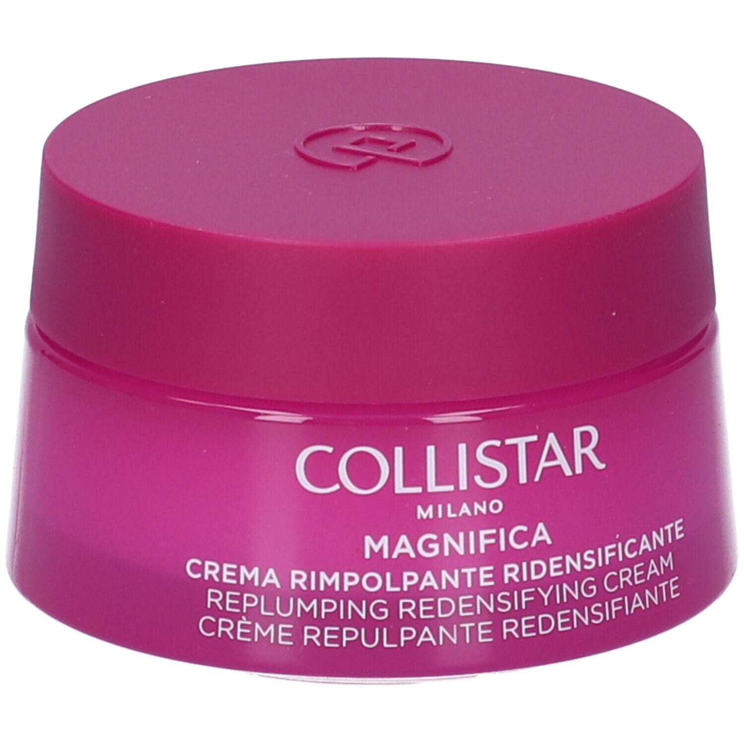 Vaso rotondo rosa con coperchio. Scritta: Collistar Milano, Magnifica, Crema Rimpolpante Ridensificante.