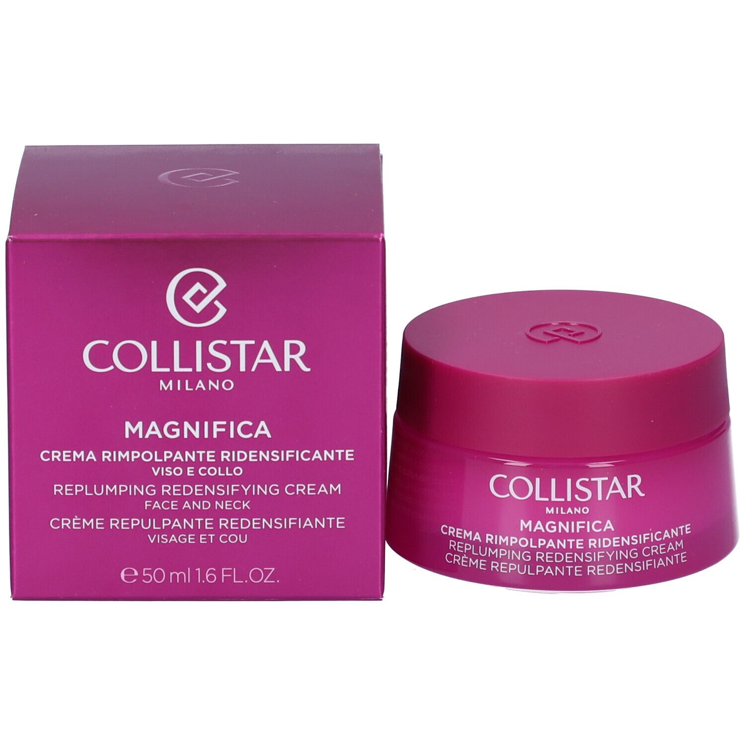 Vaso e scatola rosa. Scritta: Collistar Milano, Magnifica, Crema Rimpolpante Ridensificante, 50ml.