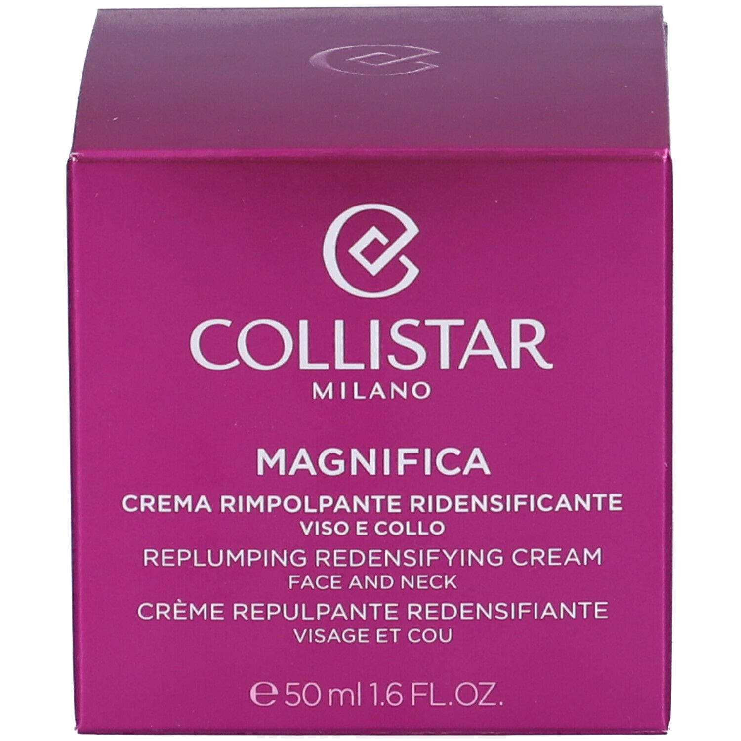 Scatola rosa. Scritta: Collistar Milano, Magnifica, Crema Rimpolpante Ridensificante, 50ml.