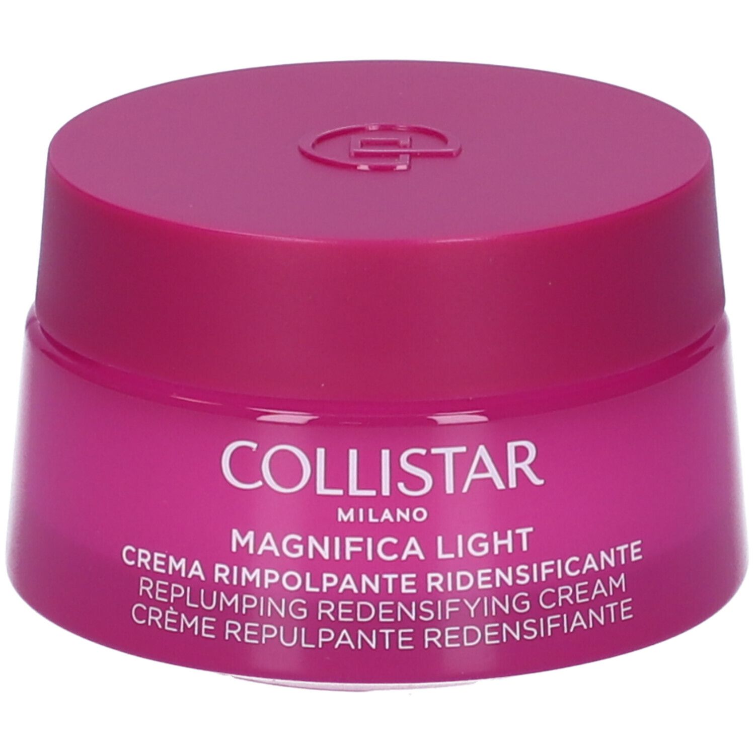 Vaso di crema rosa con coperchio. Scritta: Collistar Milano, Magnifica Light, Crema Rimpolpante Ridensificante.