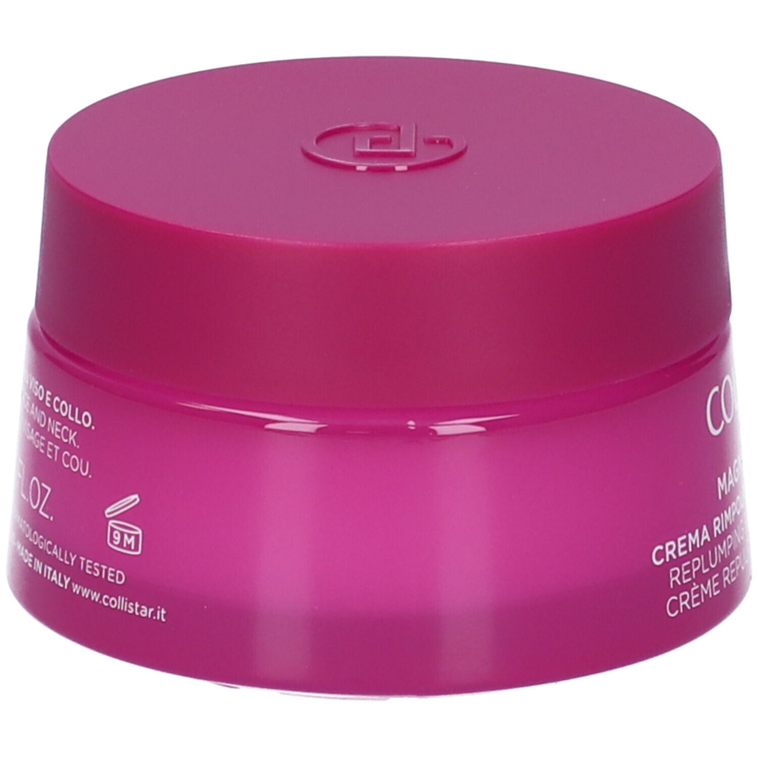 Vaso di crema rosa con coperchio. Scritta: Collistar Milano, Magnifica Light, Crema Rimpolpante Ridensificante.