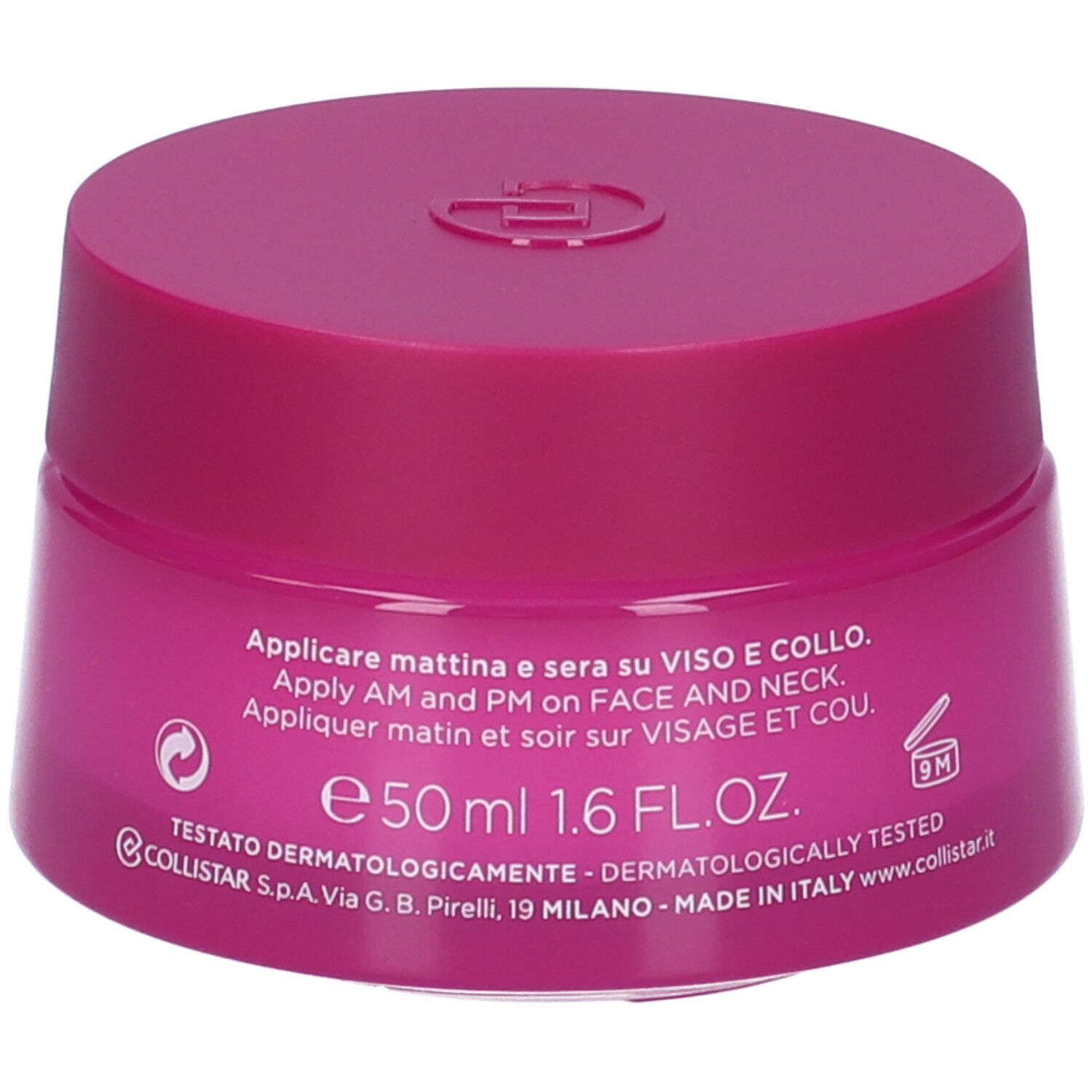 Vaso di crema rosa con coperchio. Scritta: Collistar Milano, Magnifica Light, Crema Rimpolpante Ridensificante.