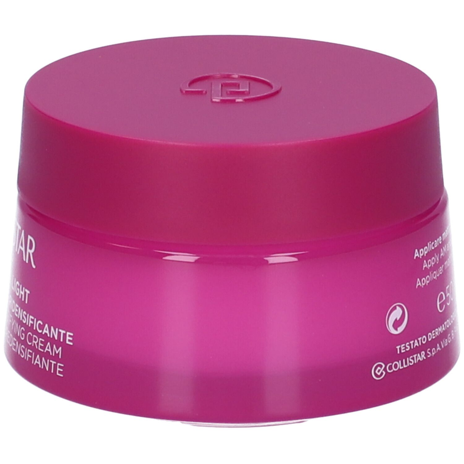 Vaso di crema rosa con coperchio. Scritta: Collistar Milano, Magnifica Light, Crema Rimpolpante Ridensificante.