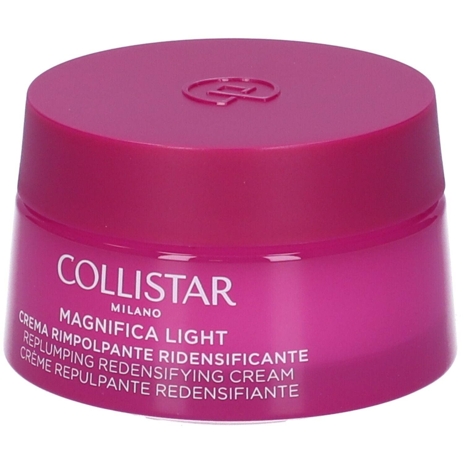 Vaso di crema rosa con coperchio. Scritta: Collistar Milano, Magnifica Light, Crema Rimpolpante Ridensificante.