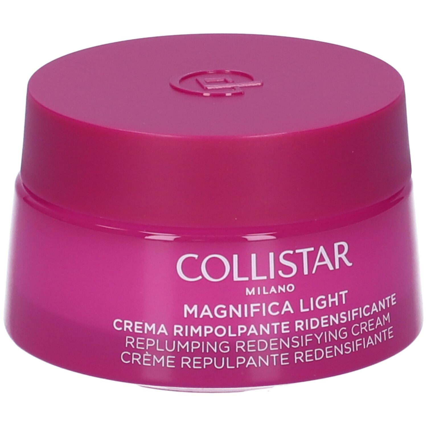 Vaso di crema rosa con coperchio. Scritta: Collistar Milano, Magnifica Light, Crema Rimpolpante Ridensificante.