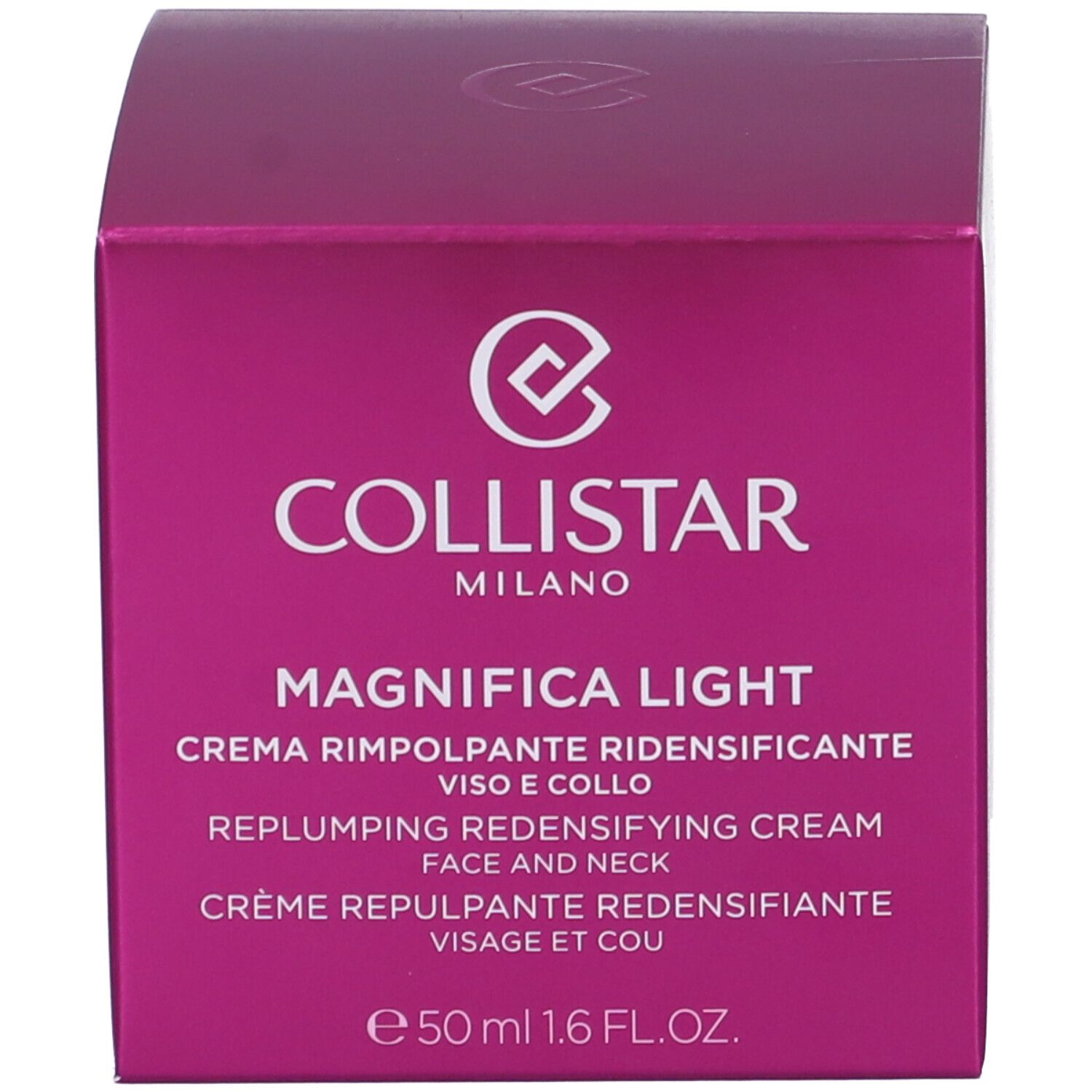 Scatola rosa. Scritta: Collistar Milano, Magnifica Light, Crema Rimpolpante Ridensificante.