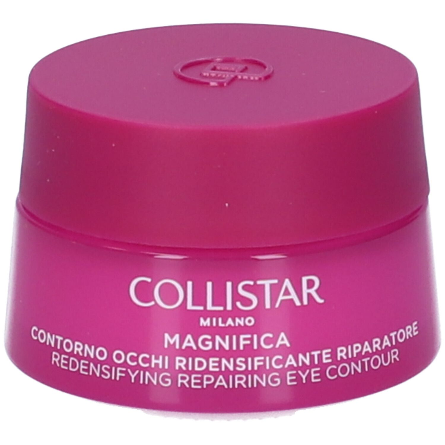 Vasetto rosa con coperchio rosa. Scritta: "COLLISTAR MILANO MAGNIFICA CONTORNO OCCHI RIDENSIFICANTE RIPARATORE".