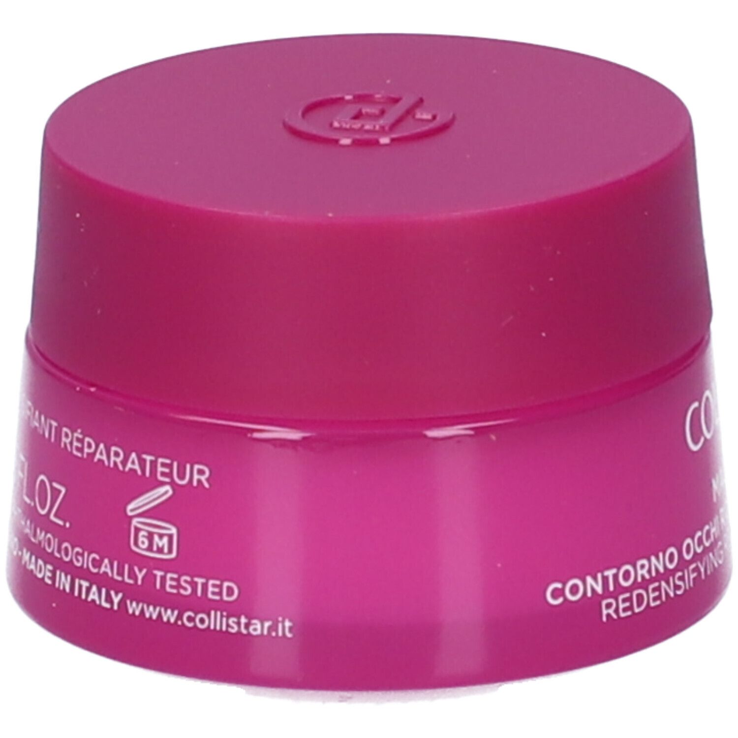 Vasetto rosa con coperchio rosa. Scritta: "COLLISTAR" e "6M".