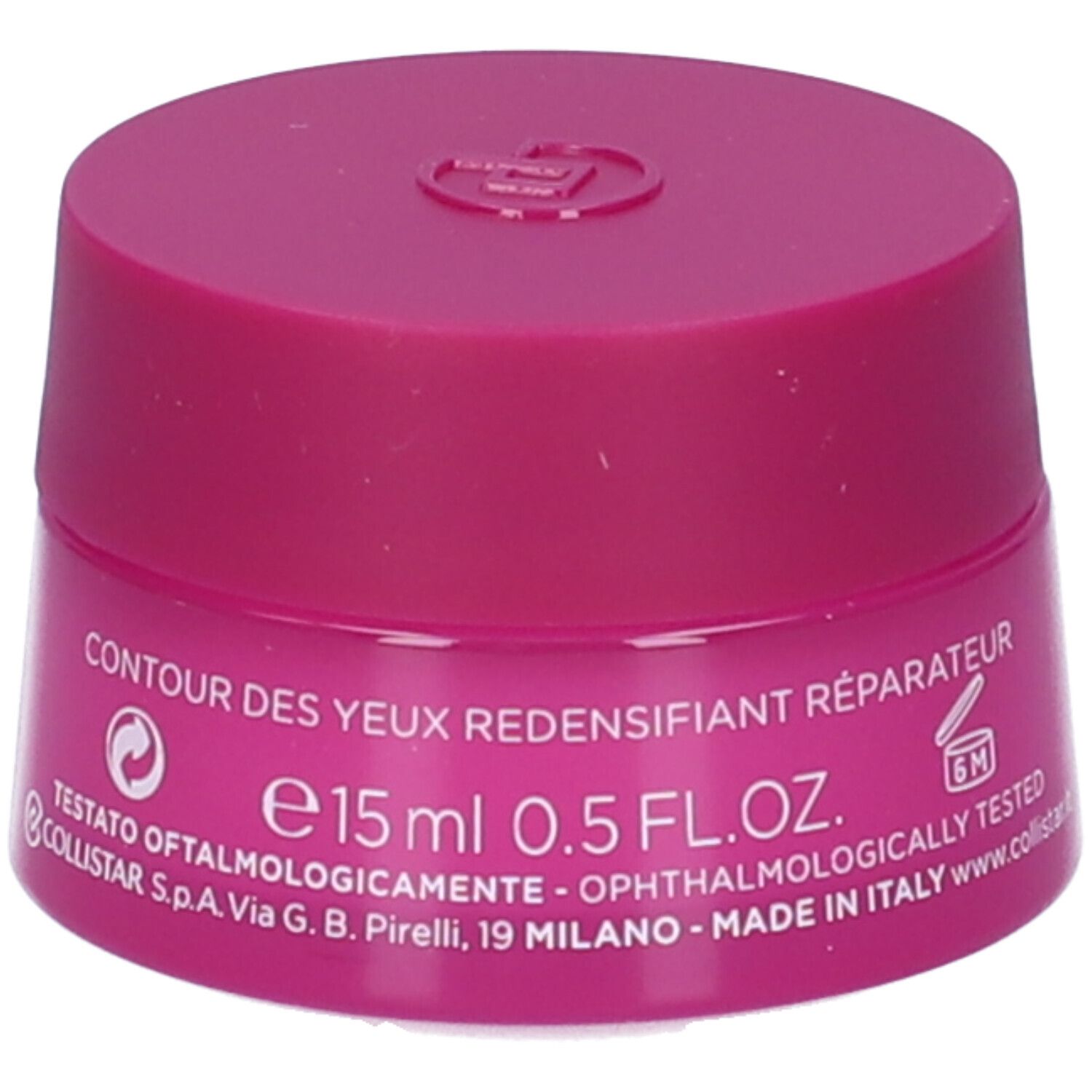 Vasetto rosa con coperchio rosa. Scritta: "e15 ml 0.5 FL.OZ." e "6M".