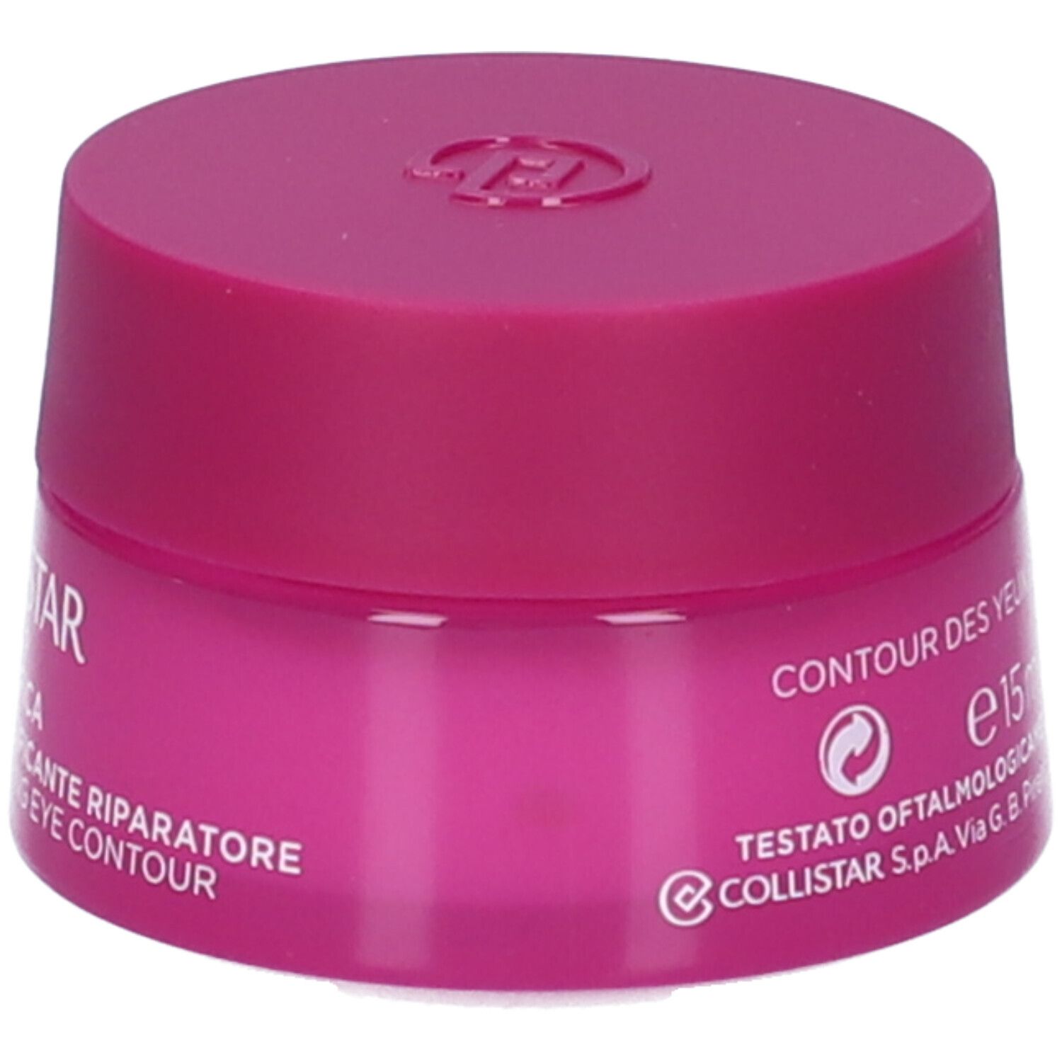 Vasetto rosa con coperchio rosa. Scritta: "e15 ml" e "6M".