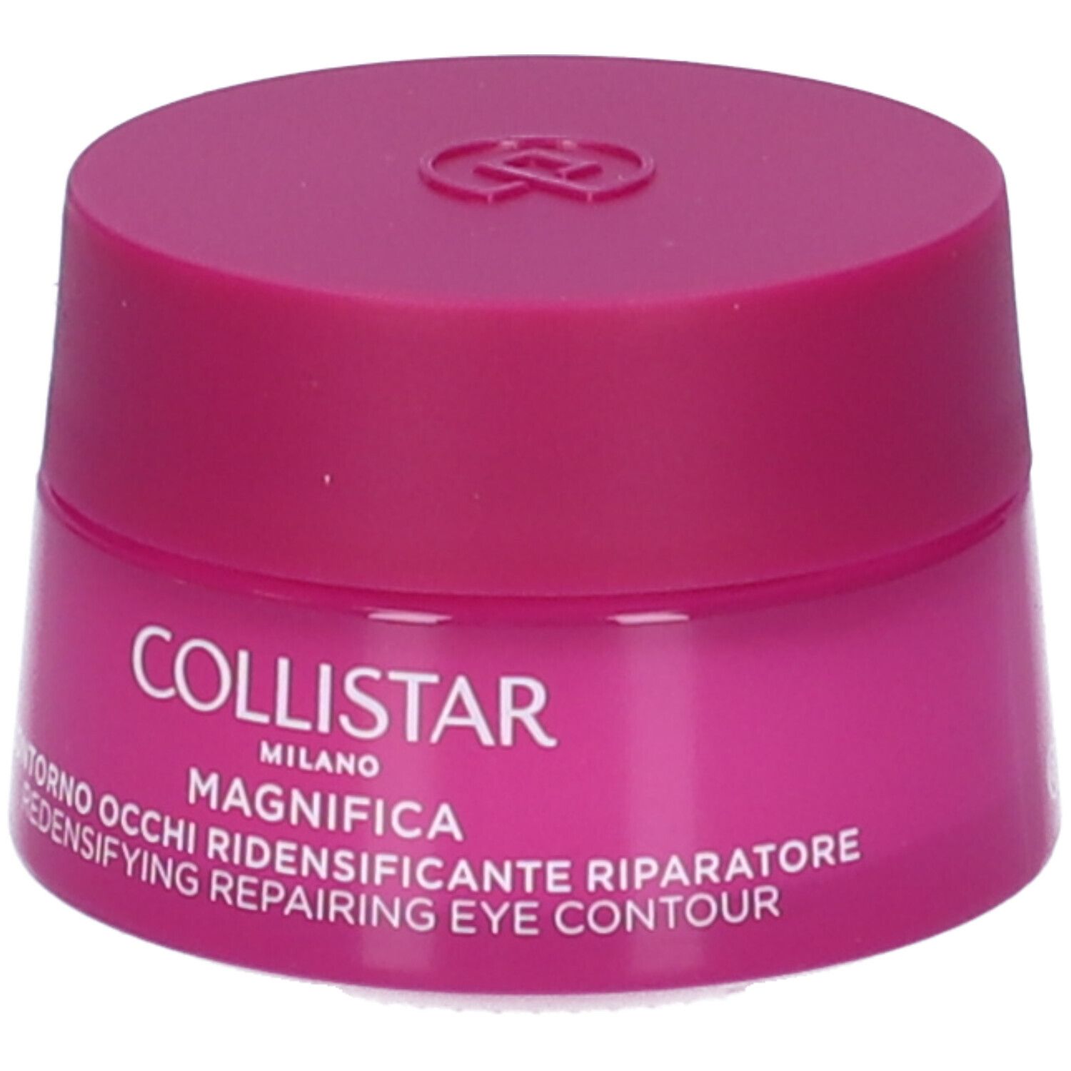 Vasetto rosa con coperchio rosa. Scritta: "COLLISTAR MILANO MAGNIFICA".