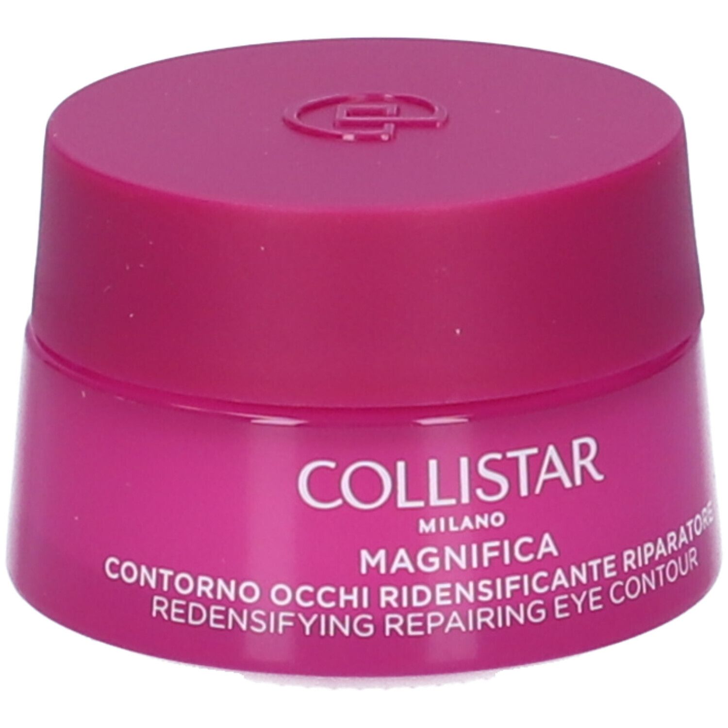 Vasetto rosa con coperchio rosa. Scritta: "COLLISTAR MILANO MAGNIFICA".