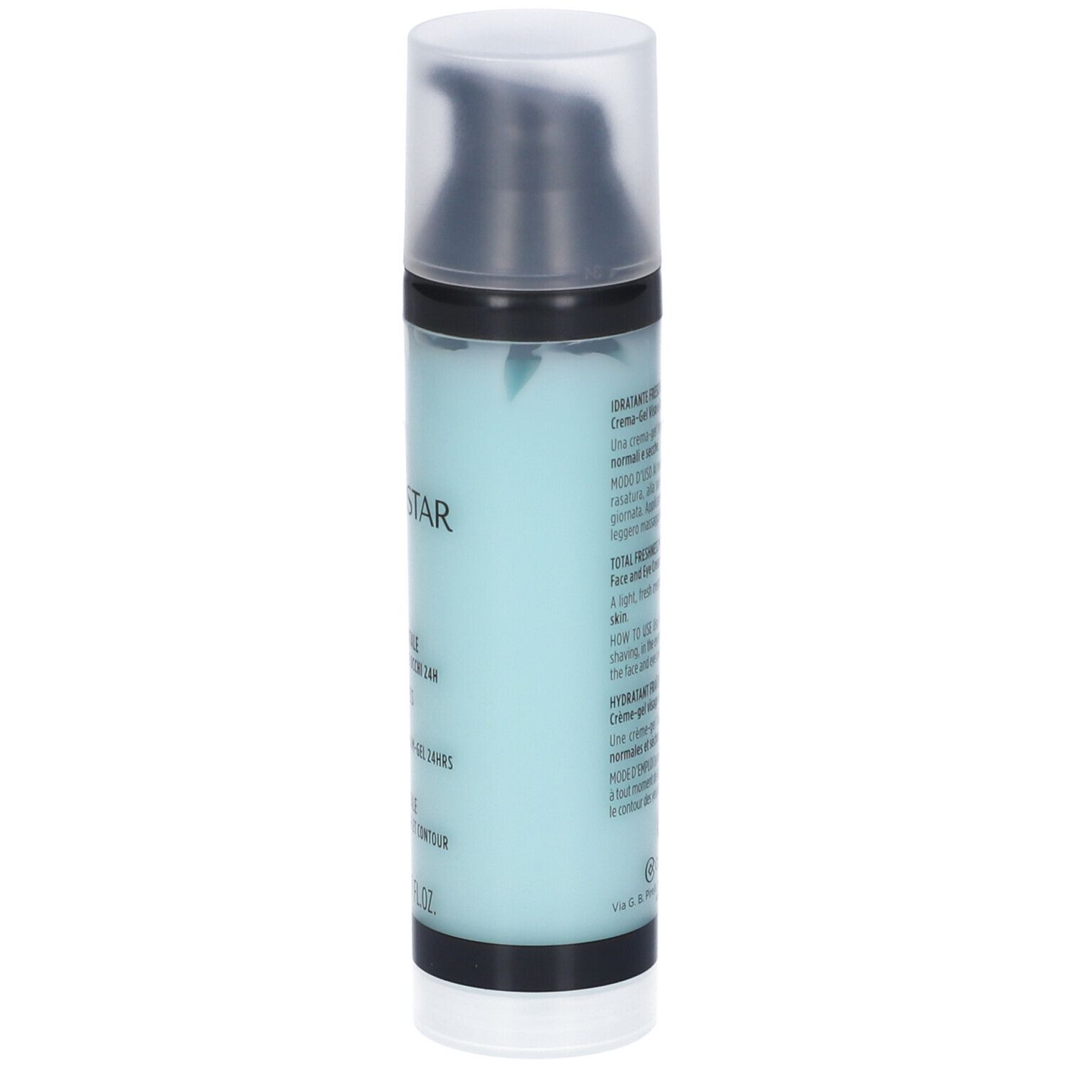 Hellblaue Flasche mit schwarzem Deckel. Text auf Italienisch. Uomo Collistar Hydra, Feuchtigkeitspflege für Gesicht und Augen.