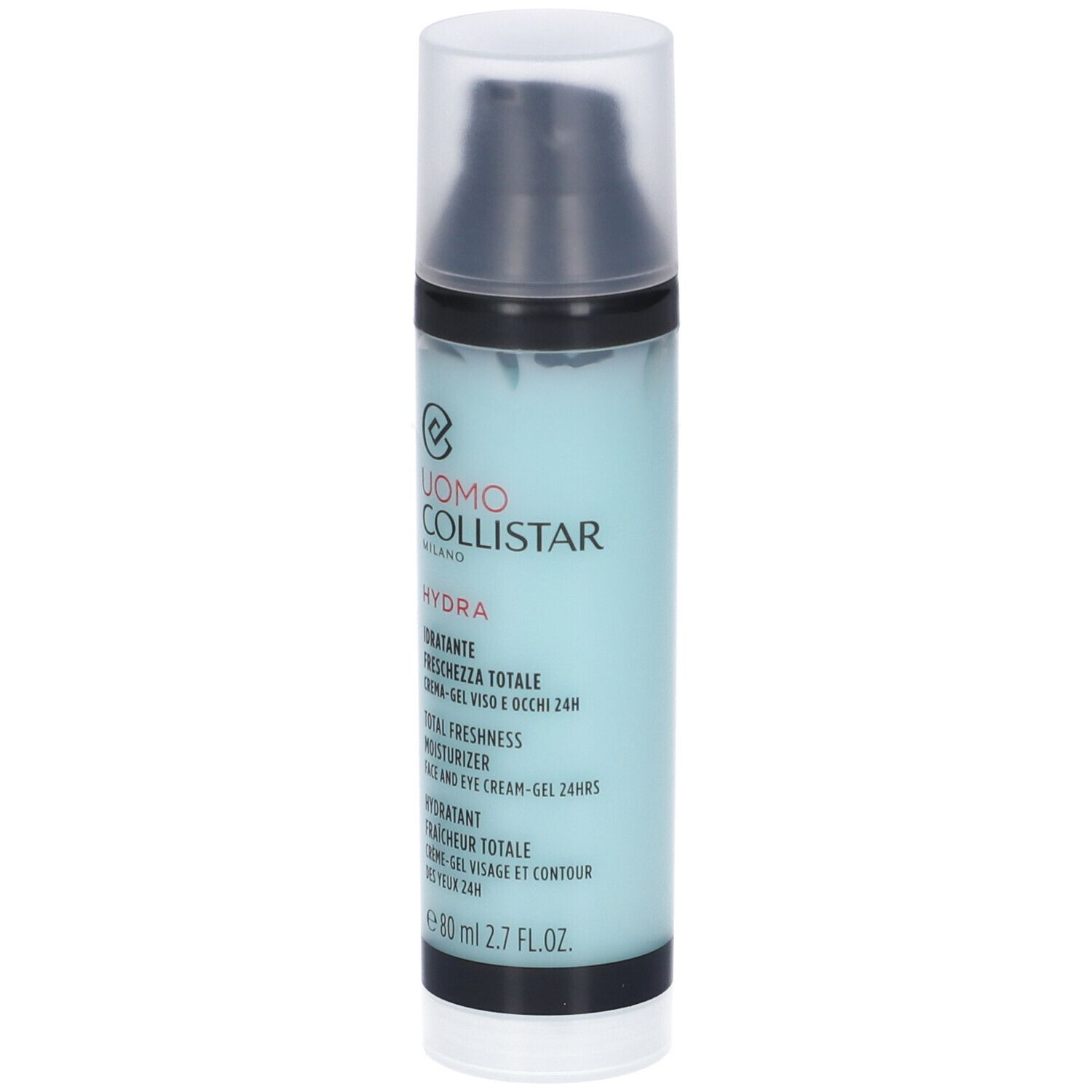Hellblaue Flasche mit schwarzem Deckel. Aufschrift: Uomo Collistar, Hydra, Feuchtigkeitspflege für Gesicht und Augen.