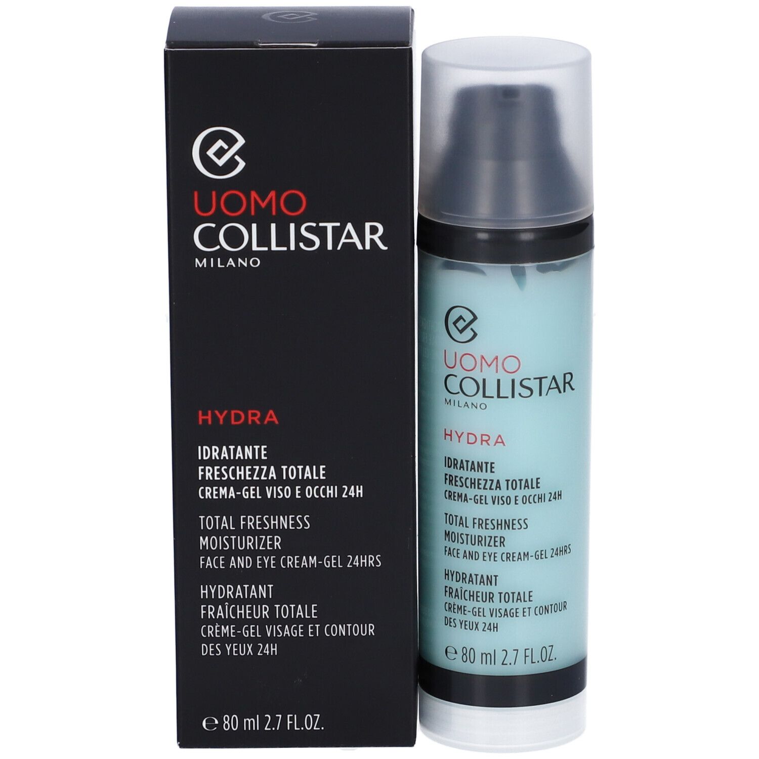 Hellblaue Flasche und schwarze Schachtel. Aufschrift: Uomo Collistar, Hydra, Feuchtigkeitspflege für Gesicht und Augen.