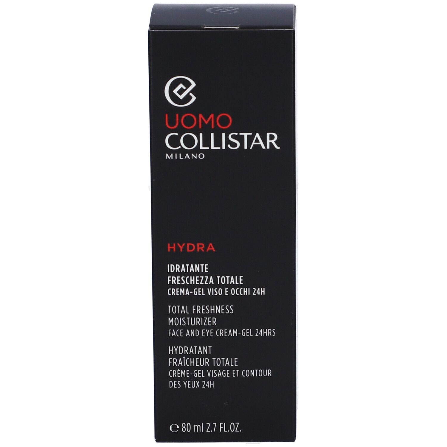 Schwarze Schachtel. Aufschrift: Uomo Collistar, Hydra, Feuchtigkeitspflege für Gesicht und Augen.