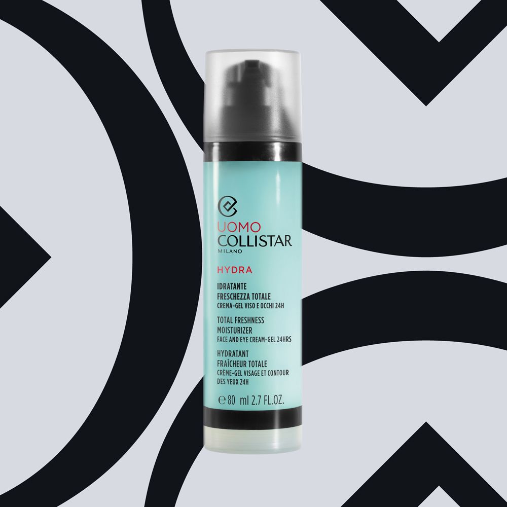 Collistar Uomo Hydra Gesichts- und Augencreme-Gel vor grafischem Hintergrund.