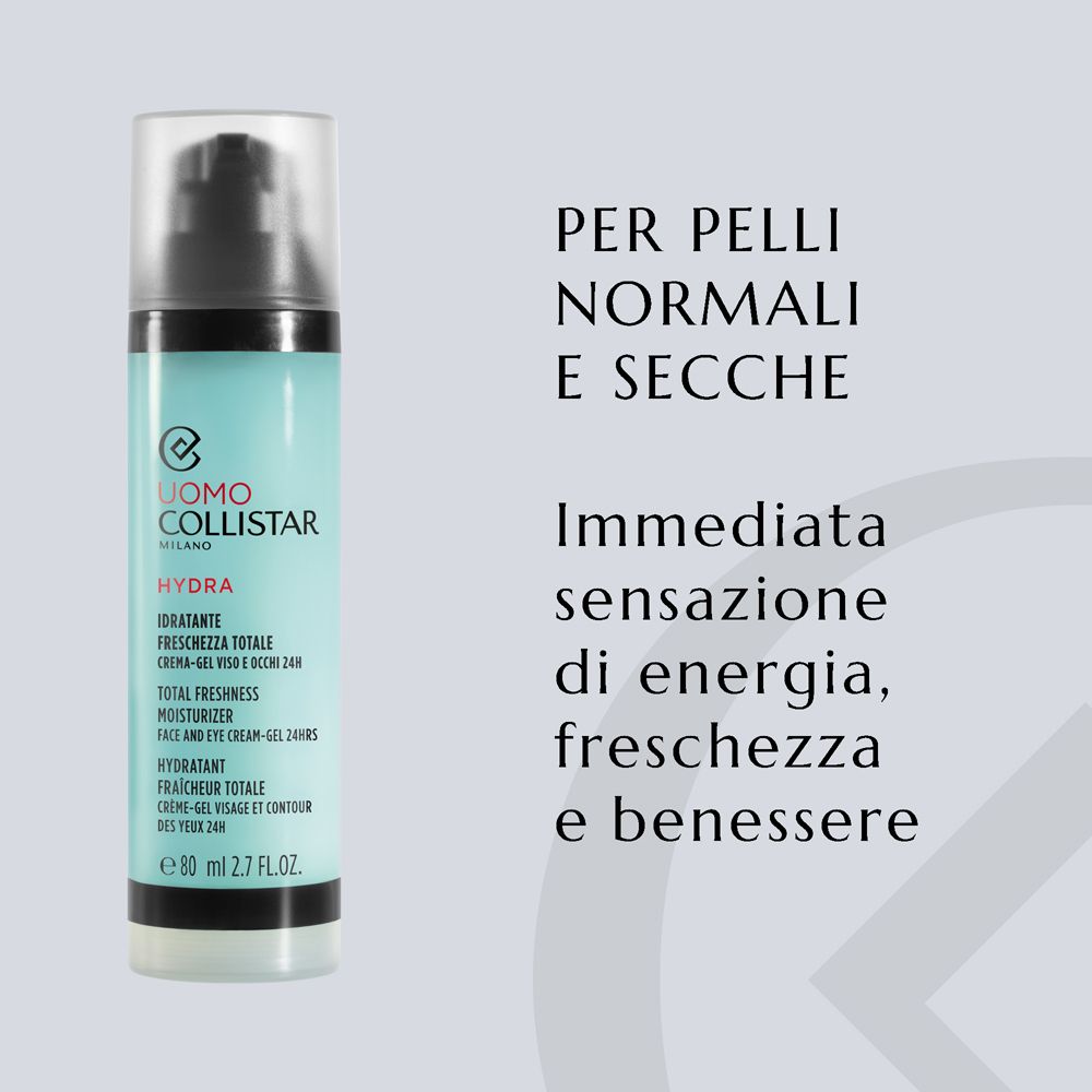Collistar Uomo Hydra Gesichts- und Augencreme-Gel mit Text über Hauttypen.