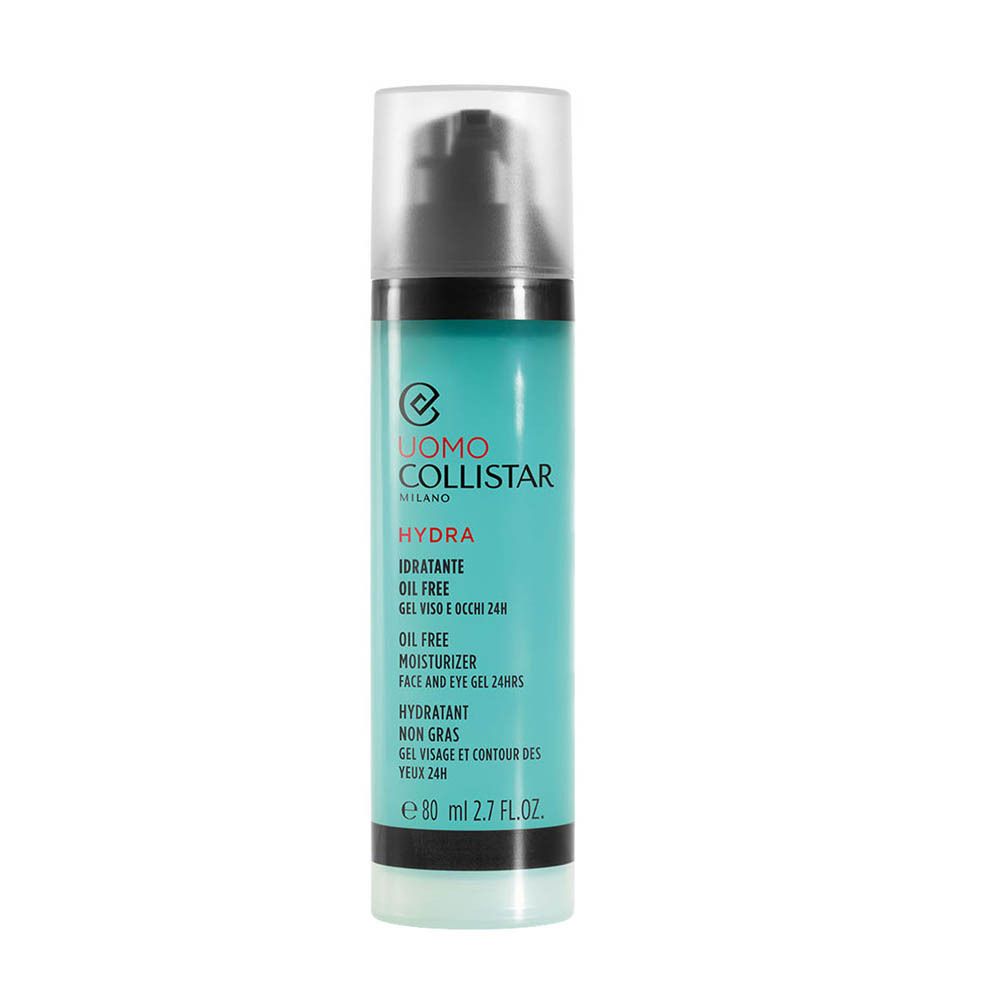 Blau-transparente Flasche mit schwarzem Pumpkopf. Aufschrift: Uomo Collistar, Hydra, Oil Free, 80 ml.