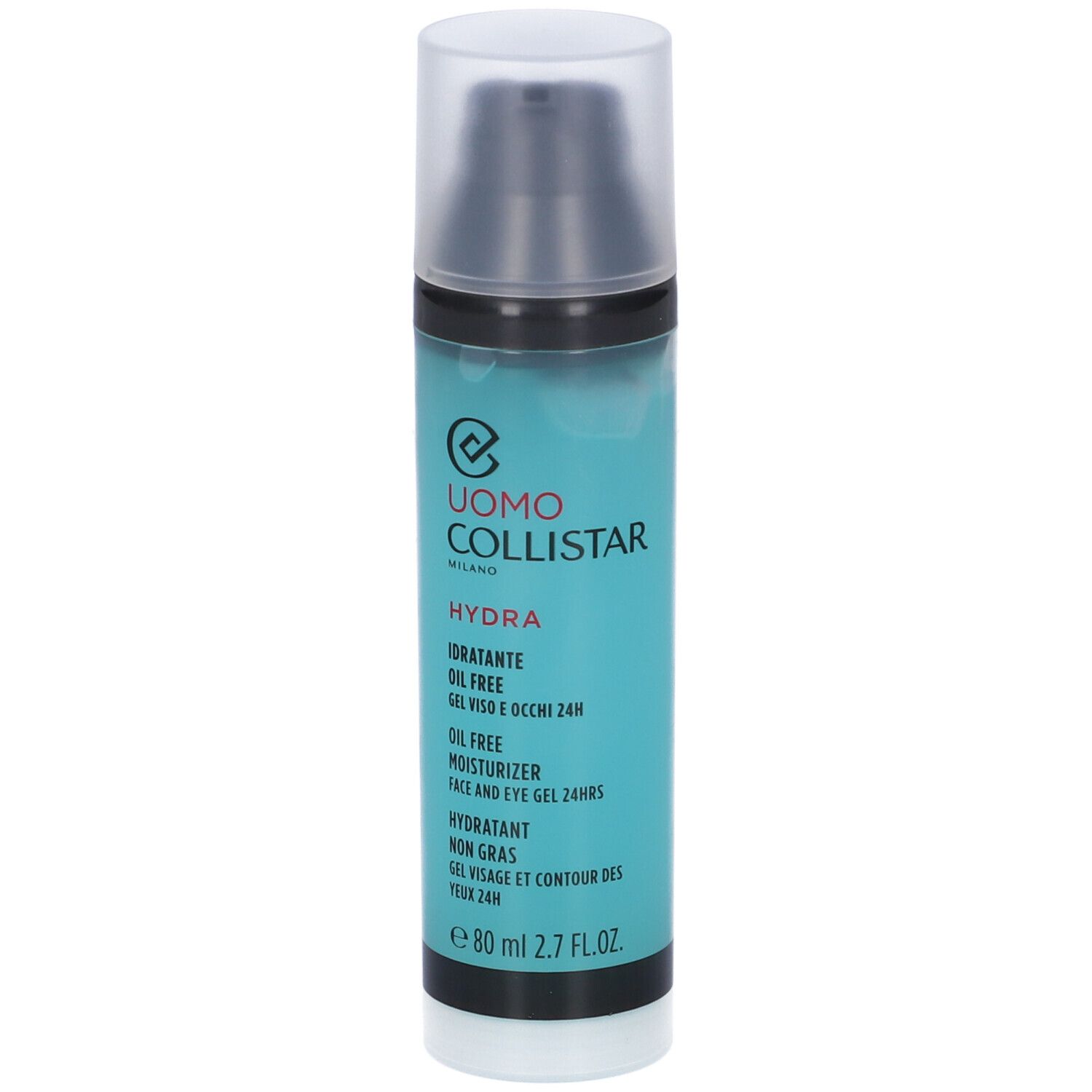 Flacone cilindrico con liquido blu e tappo nero. Scritte: Uomo Collistar, Hydra, Oil Free, 80 ml. Gel idratante.