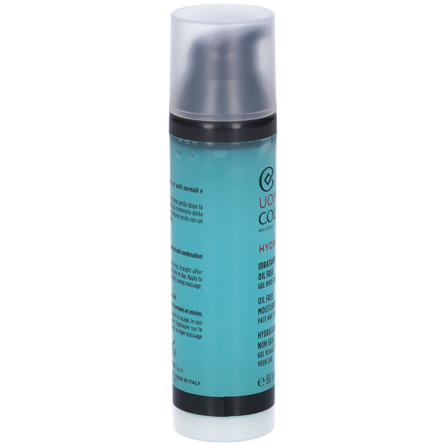 Flacone cilindrico con liquido blu e tappo nero. Scritte: Uomo Collistar, Hydra, Oil Free, 80 ml. Gel idratante.