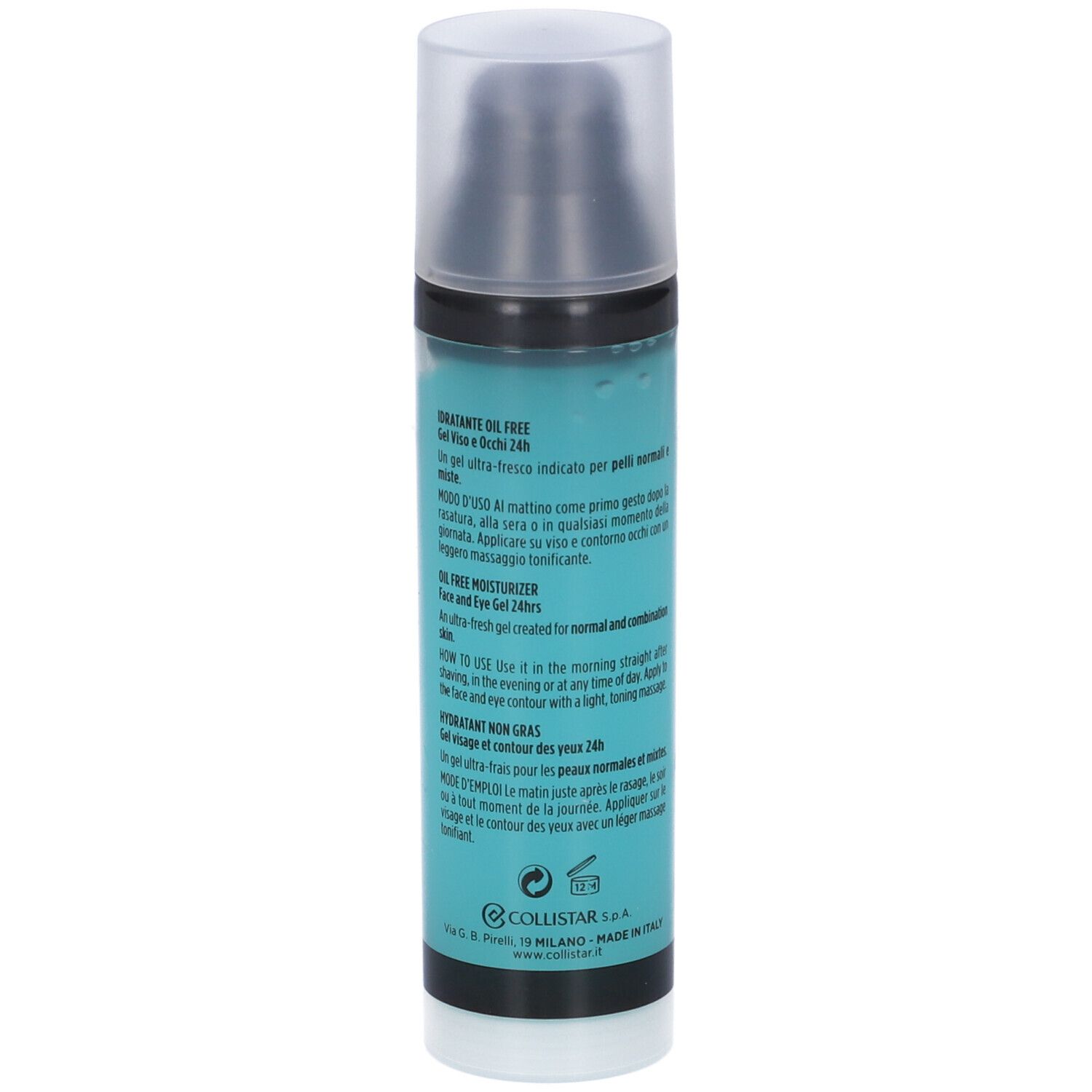 Flacone cilindrico con liquido blu e tappo nero. Scritte: Uomo Collistar, Hydra, Oil Free, 80 ml. Gel idratante.